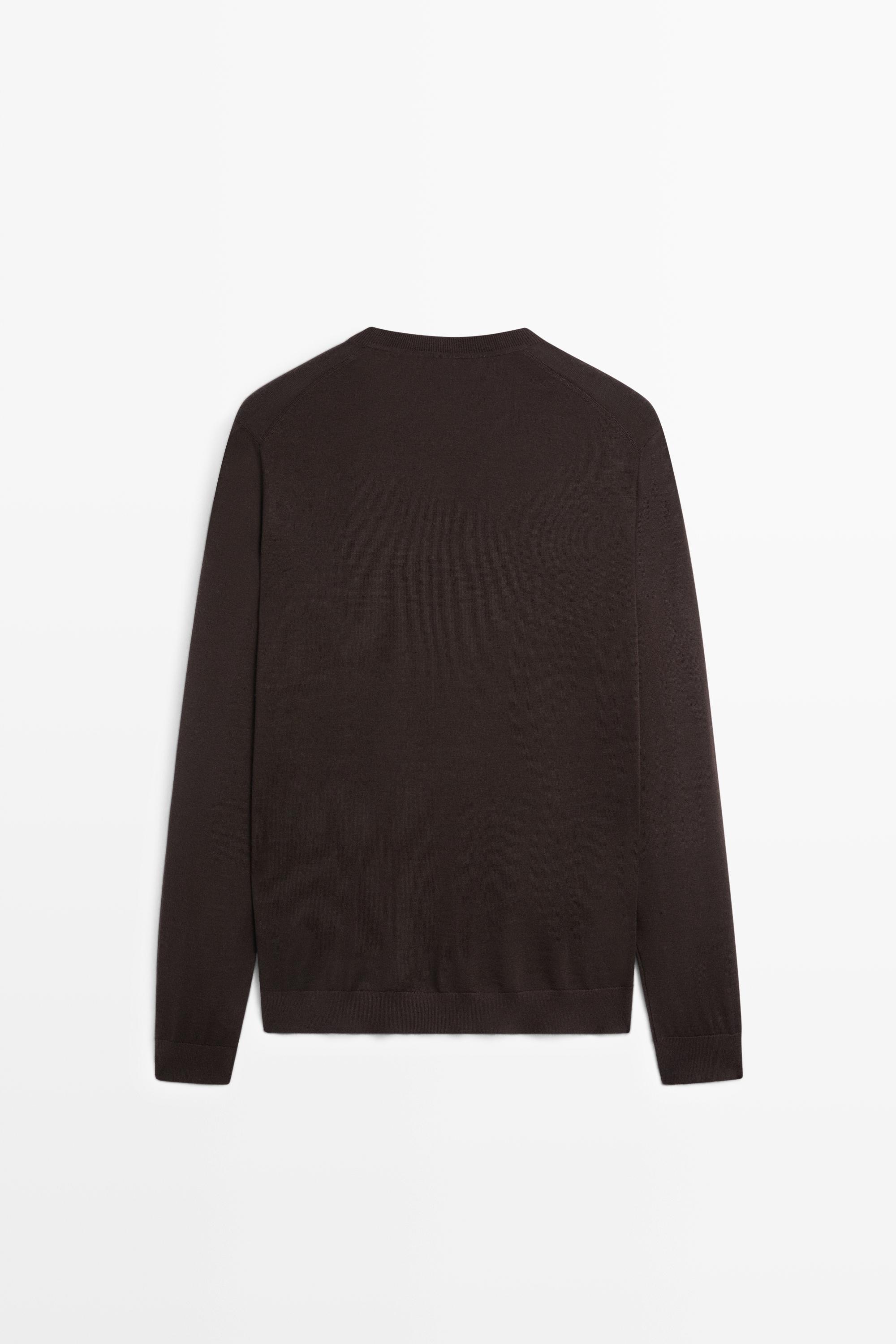 100% merino wool knit round neck sweater — BROWN