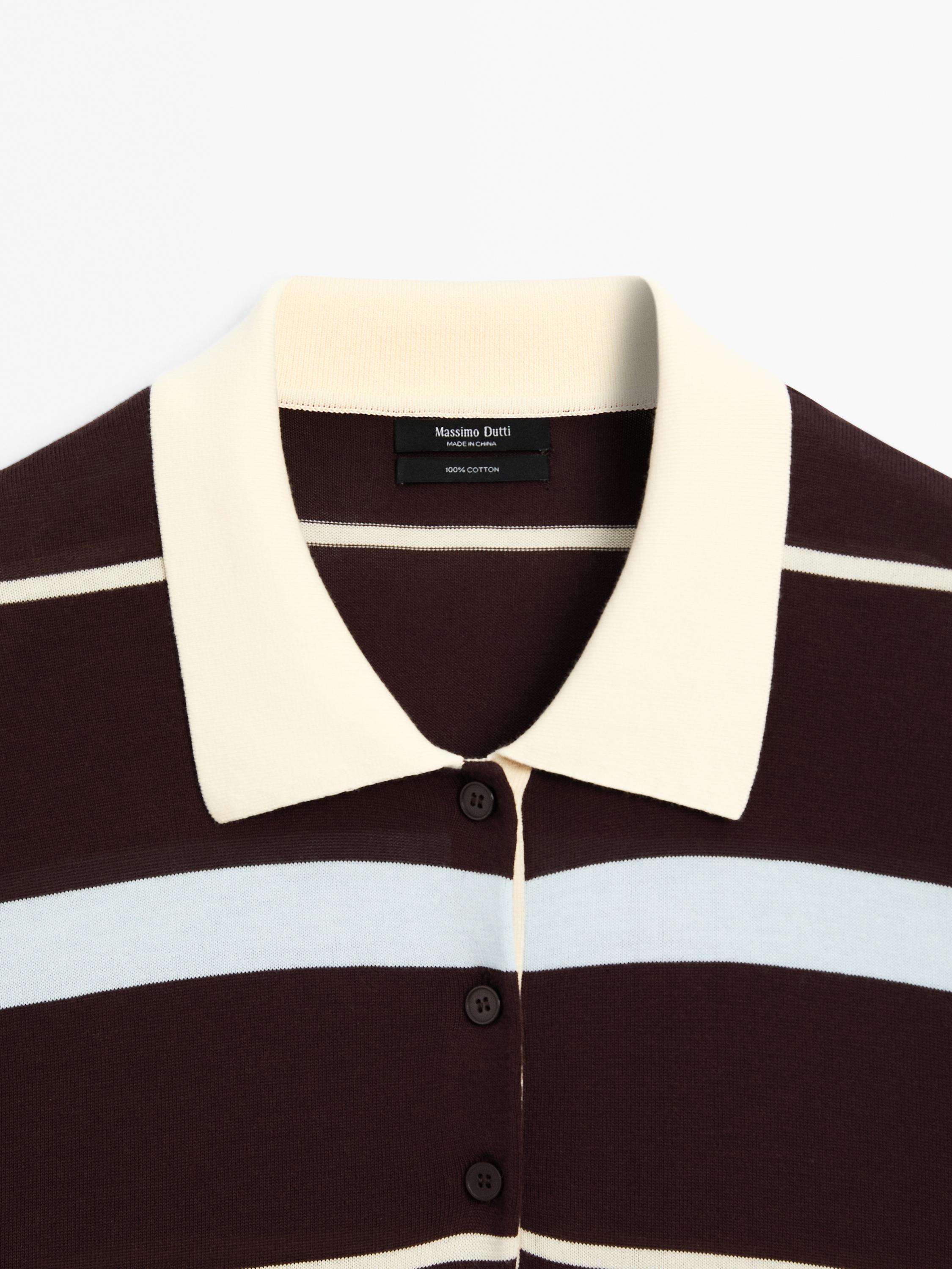 Striped knit sweater with polo collar