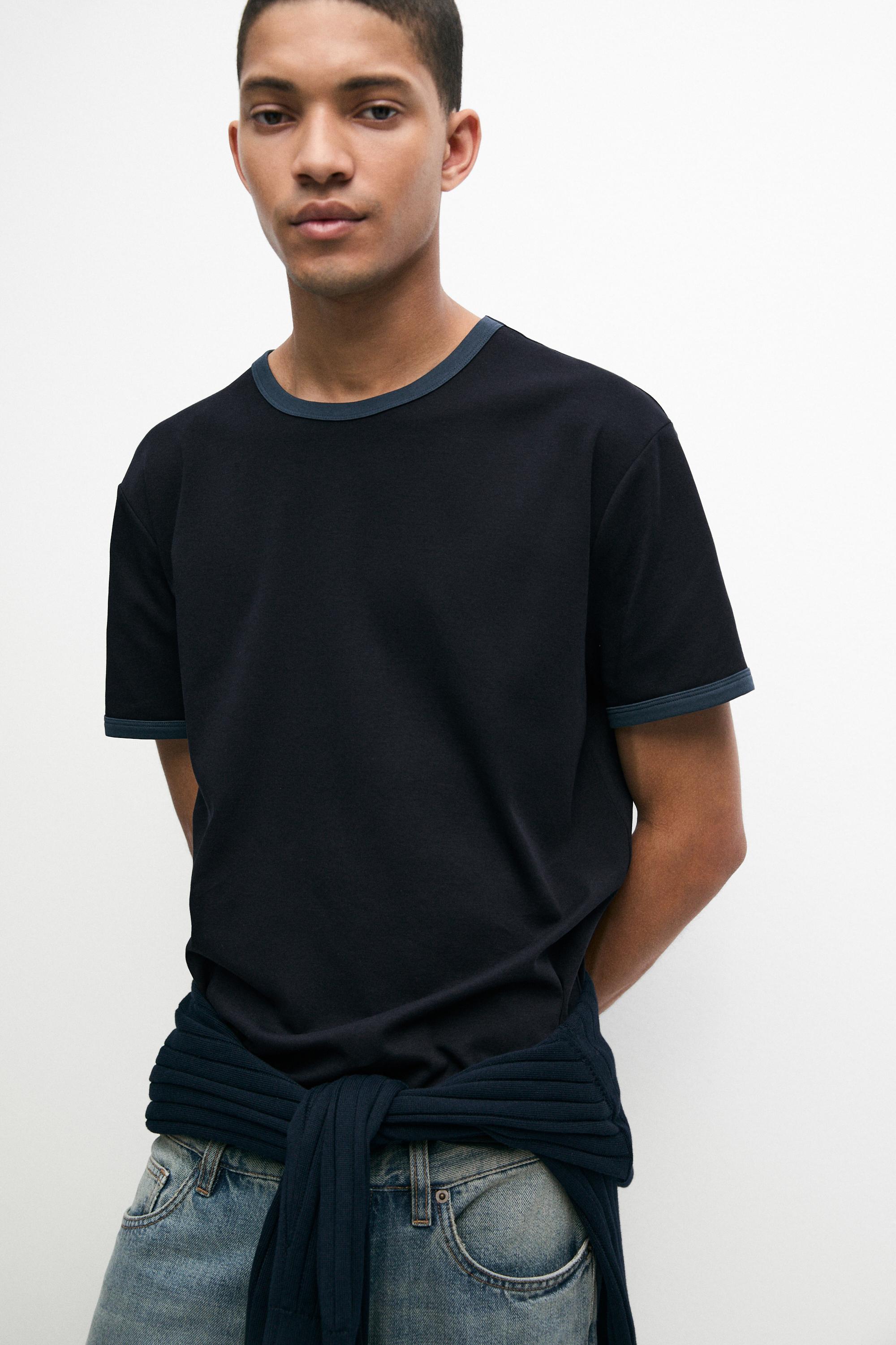 100% cotton contrast neck T-shirt — NAVY BLUE