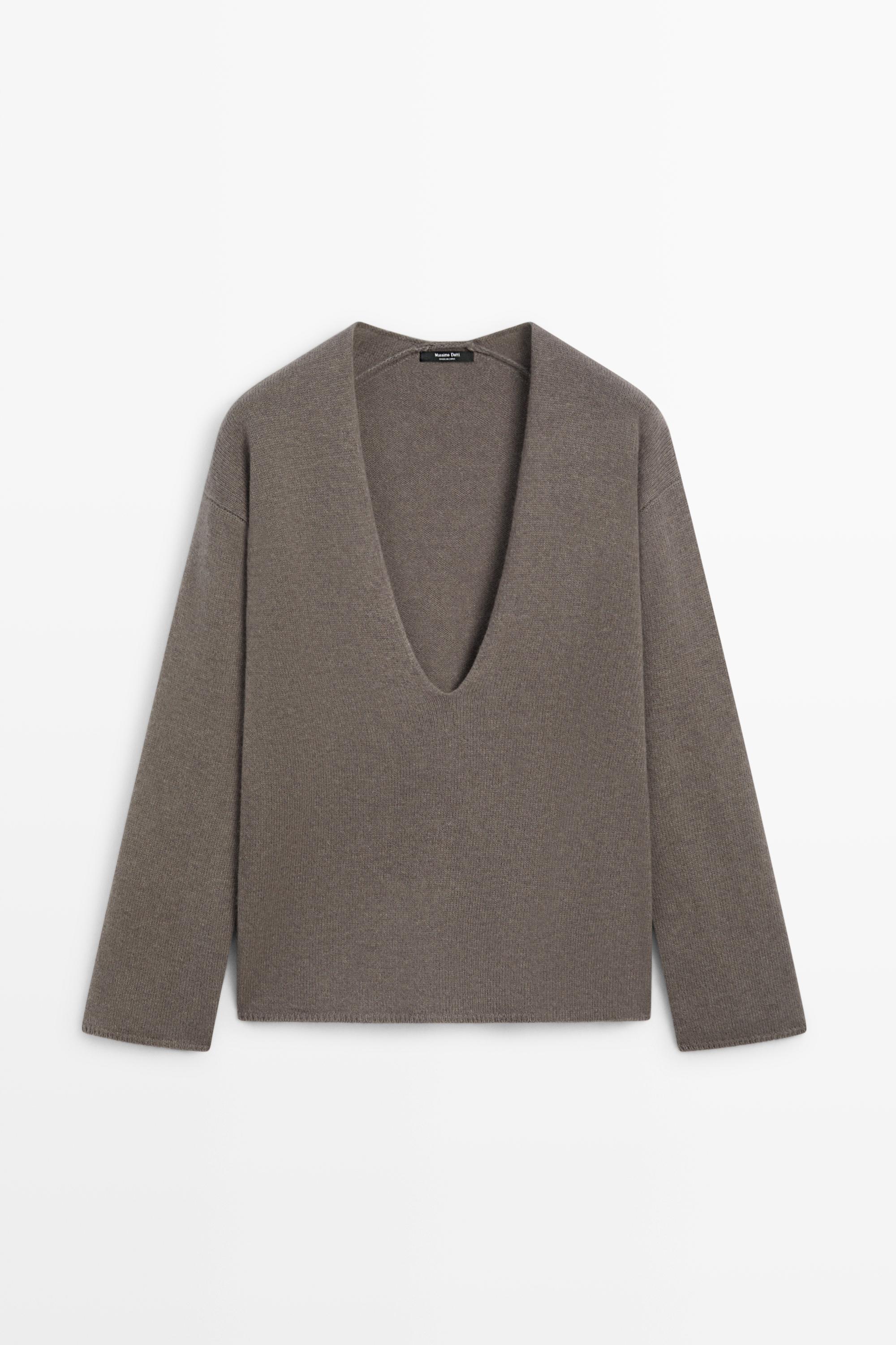 Long-line knit sweater with neckline detail — TAUPE GREY