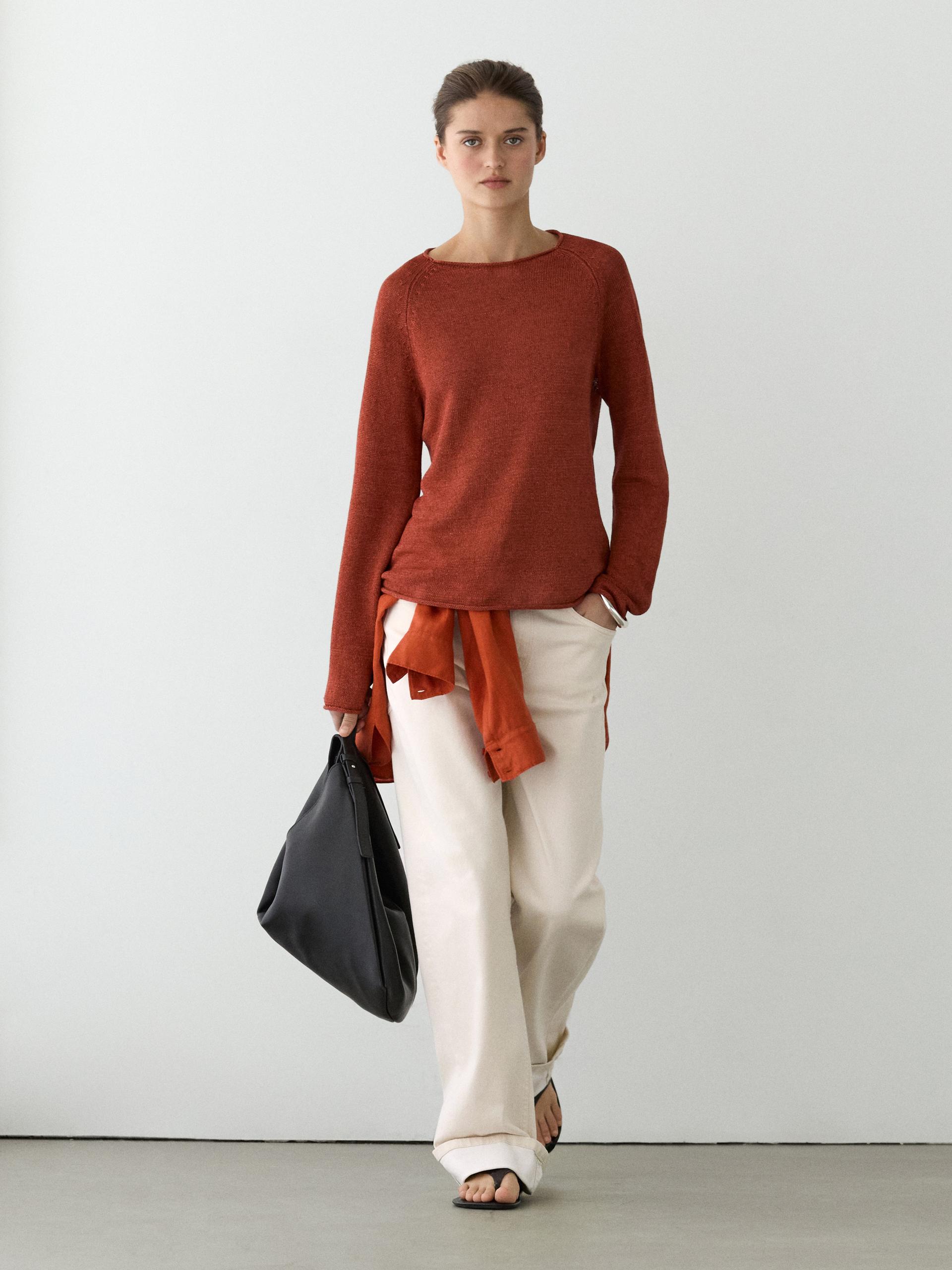 Pull En Maille 100 % Lin À Col Rond - Orange Brulé - L - Massimo Dutti - Femme