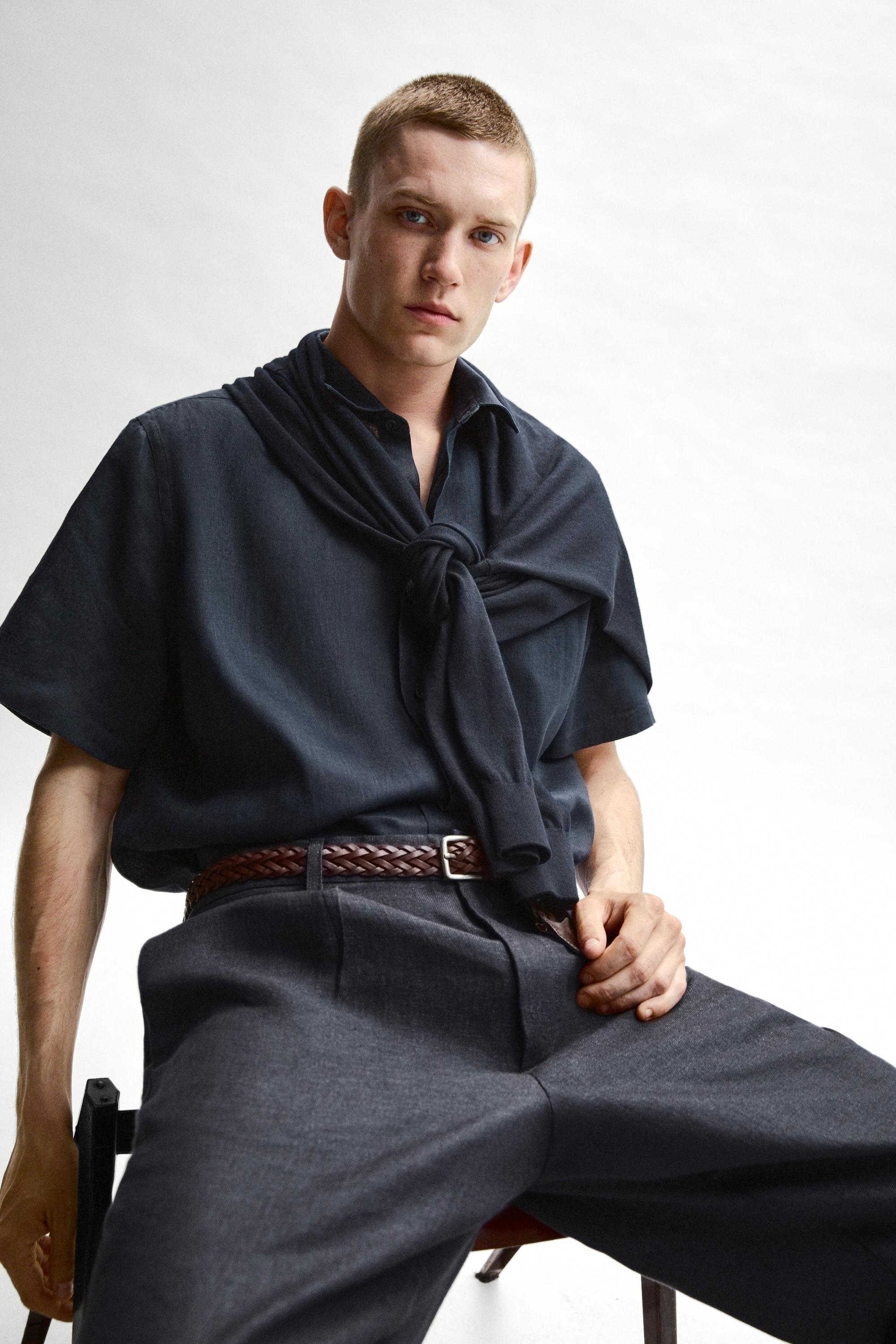 100% linen total look melange trousers — INK BLUE