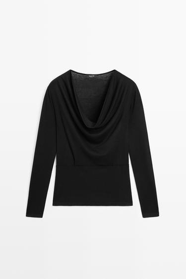 Long sleeve top with draped neckline — BLACK 2