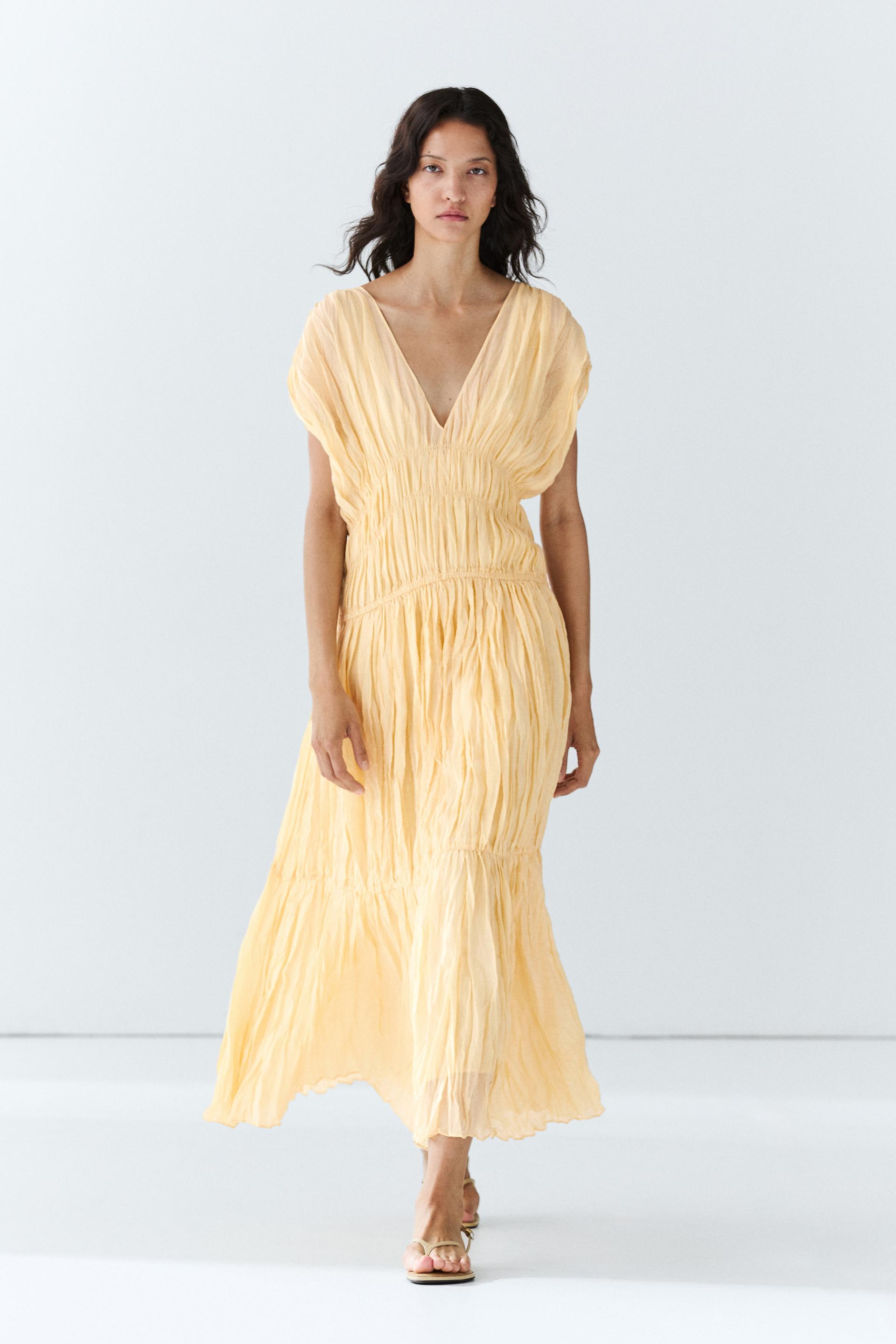 Vestito Midi Morbido Arricciato - Giallo - S - Massimo Dutti - Femminile