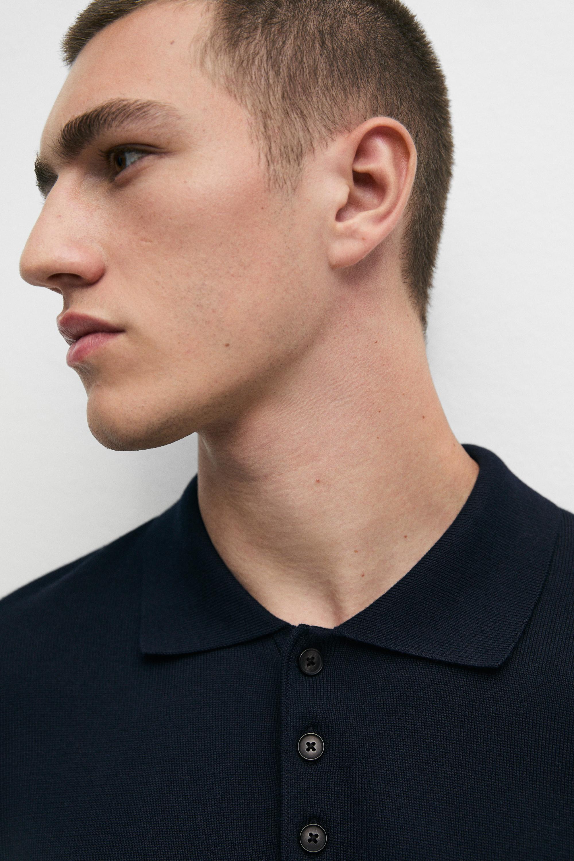 100% cotton knit polo sweater — NAVY BLUE