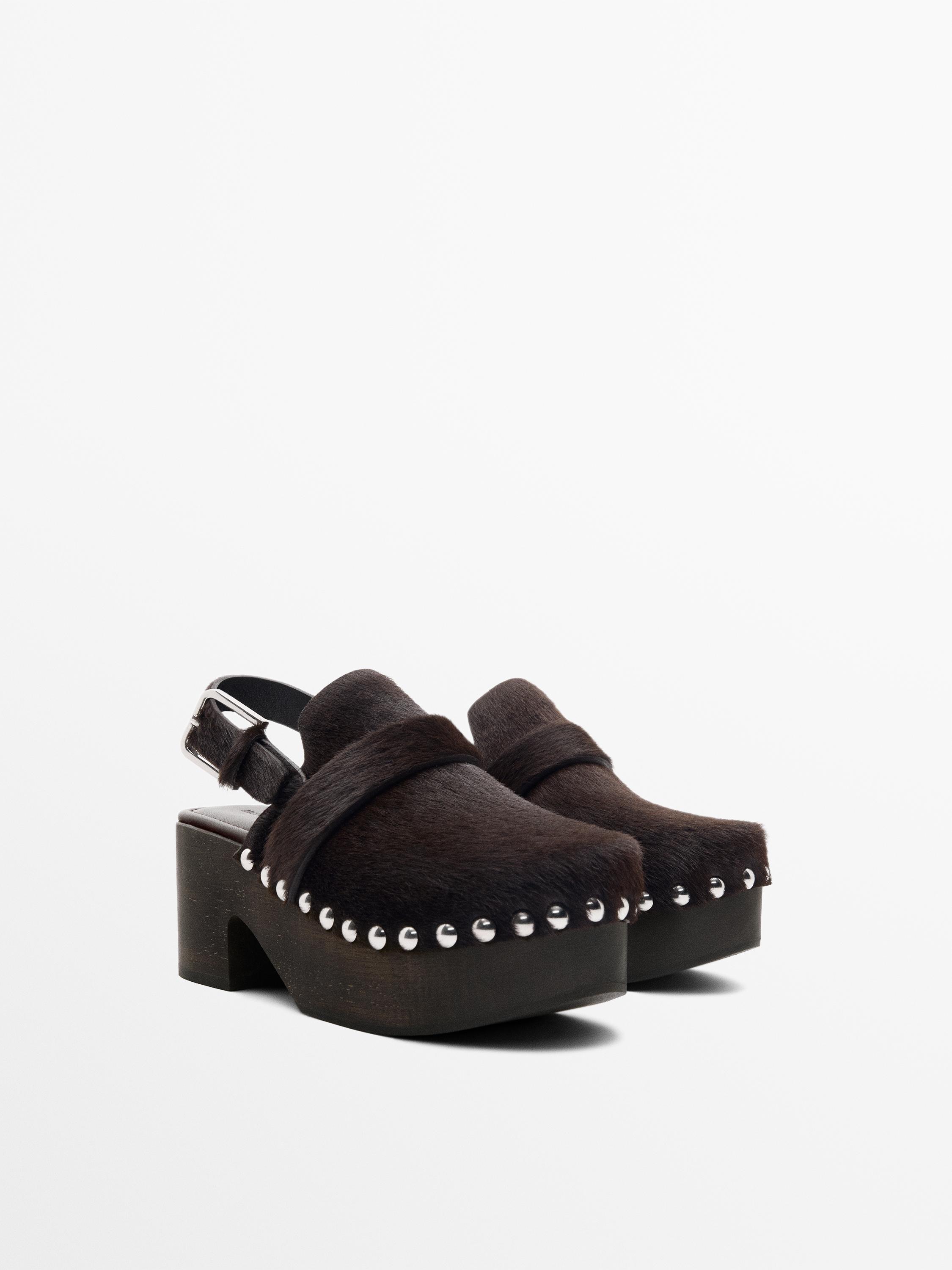 Hair on leather clogs with wooden sole — BROWN