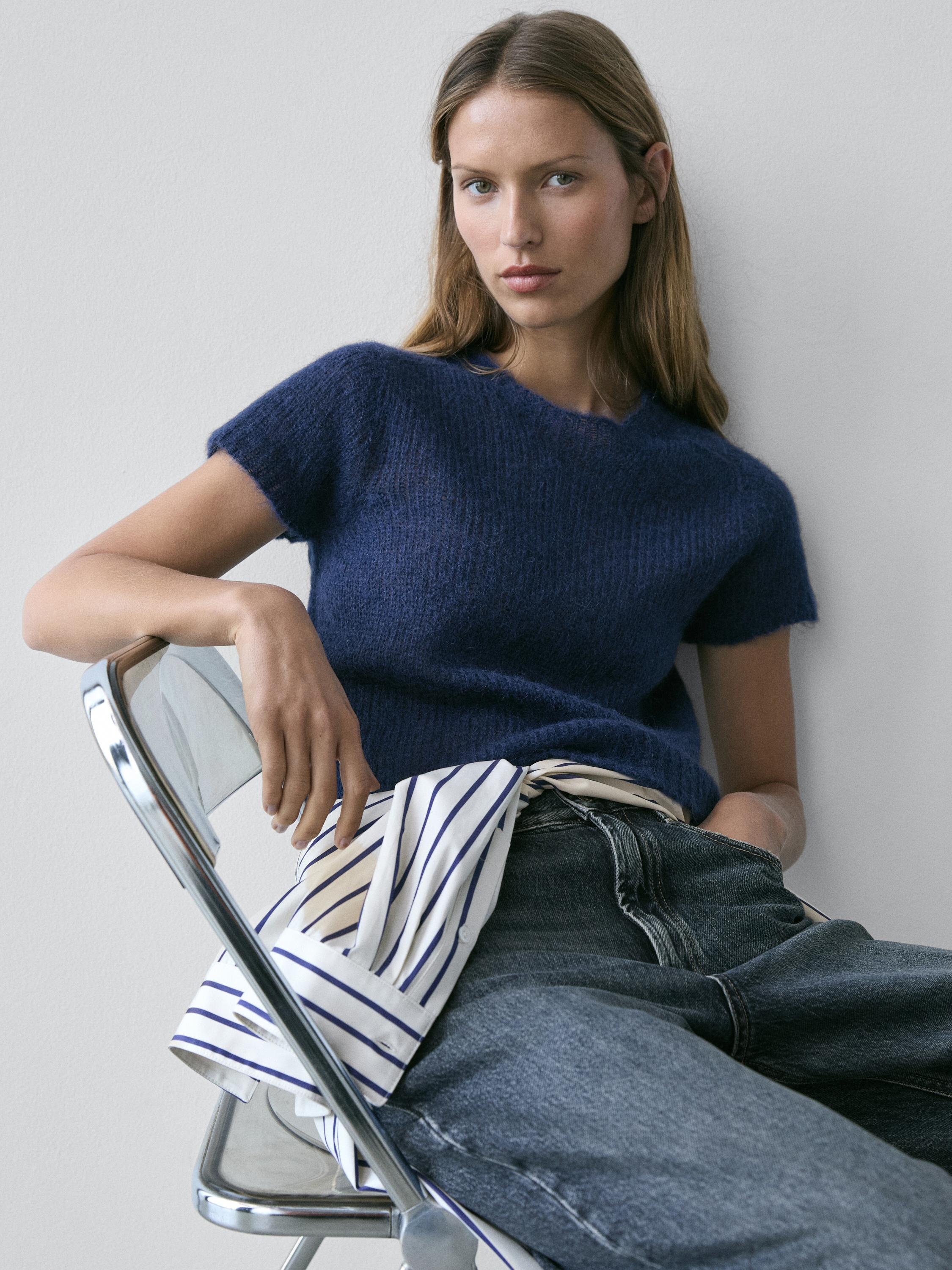 Short sleeve knit alpaca blend sweater — Dark Blue