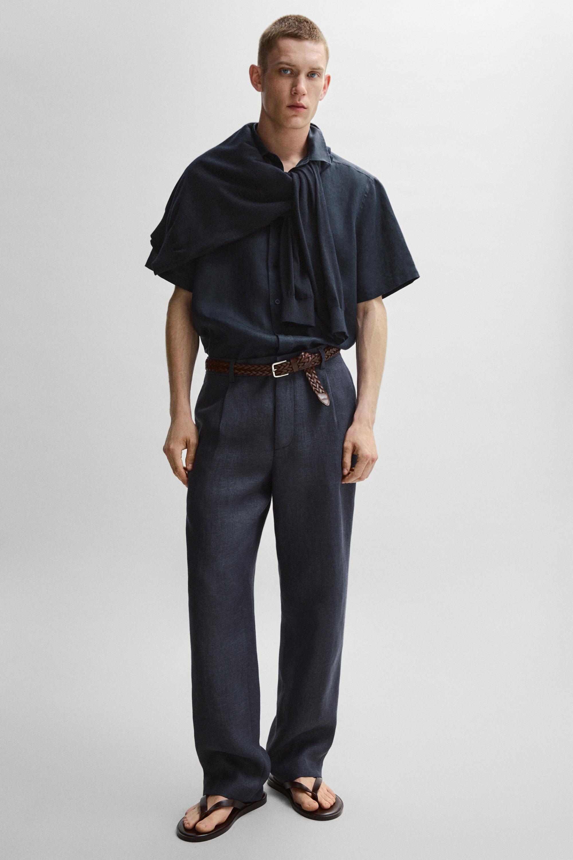 100% linen total look melange trousers — INK BLUE
