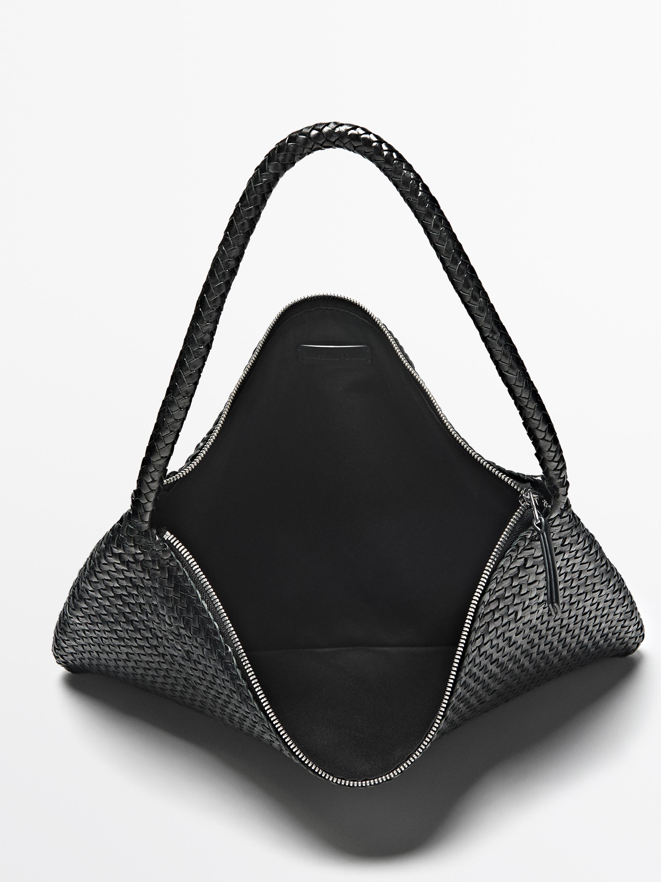 Mid-sized braided leather shoulder bag — BLACK
