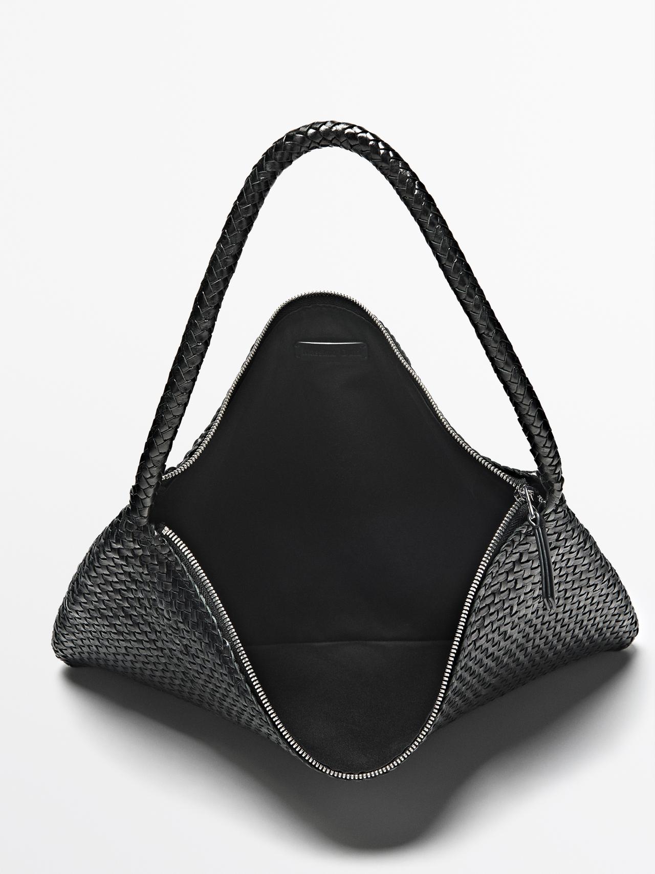 Mid-sized braided leather shoulder bag — BLACK