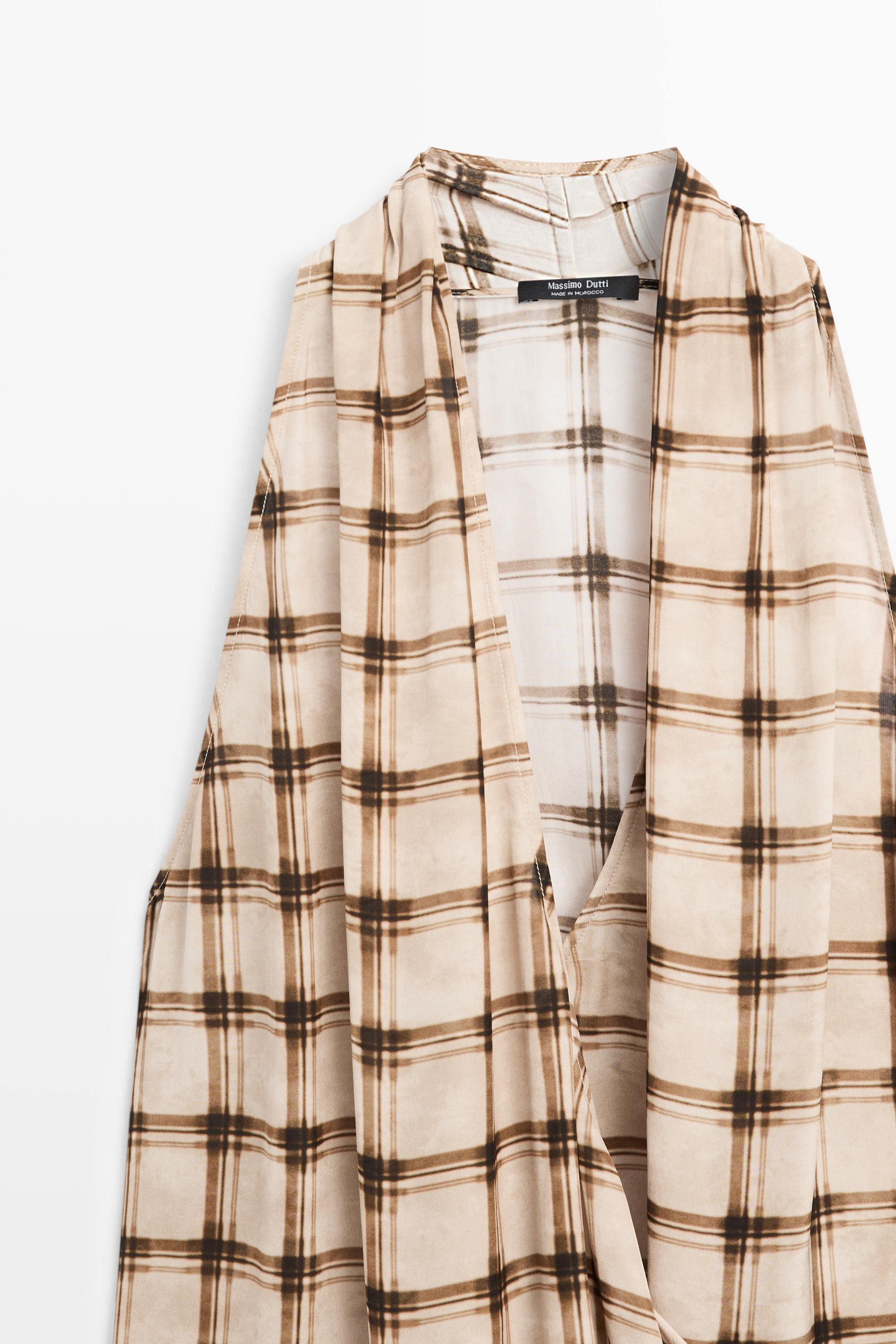 Flowing check print surplice top — BROWN