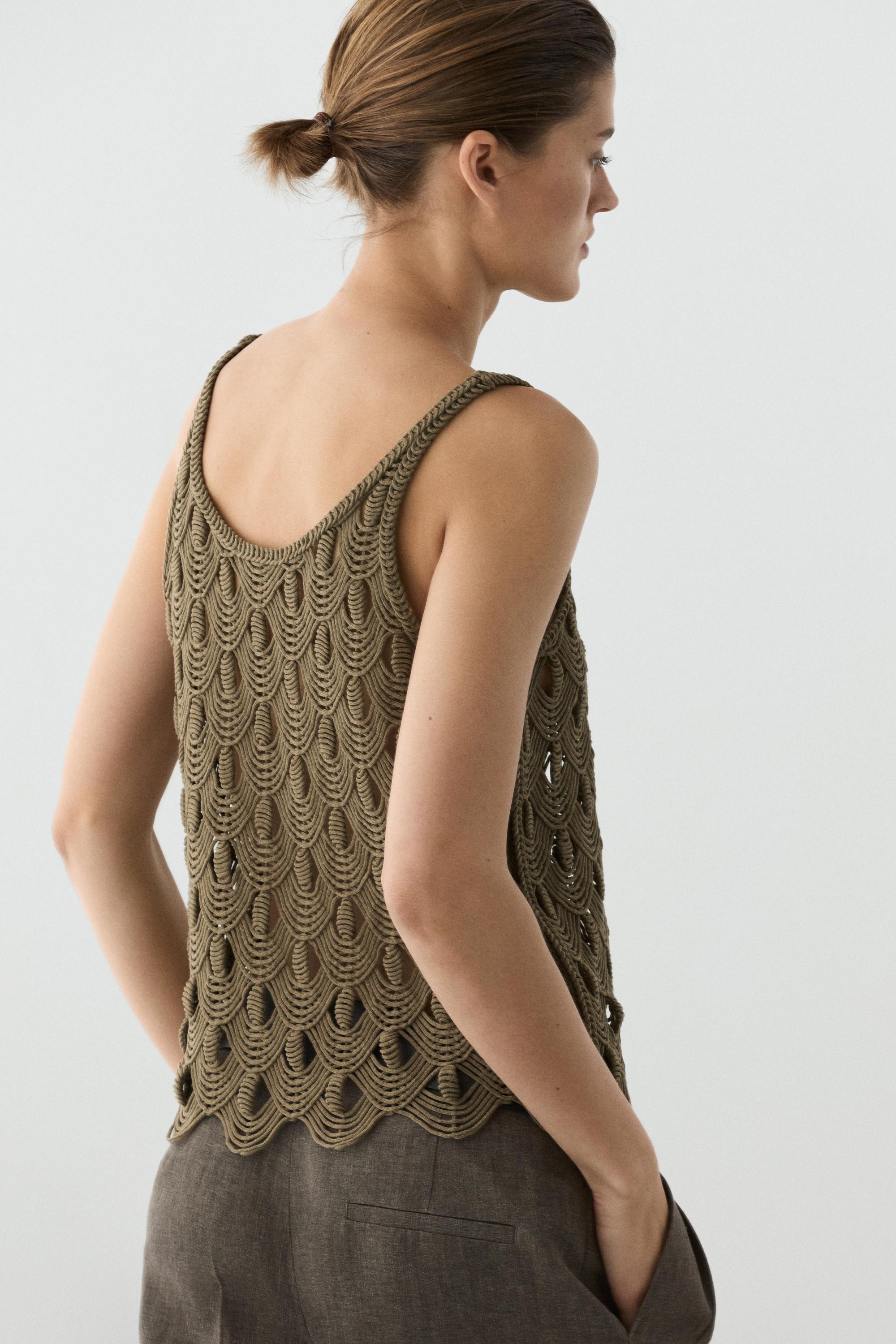 Strappy top with crochet detail — KHAKI