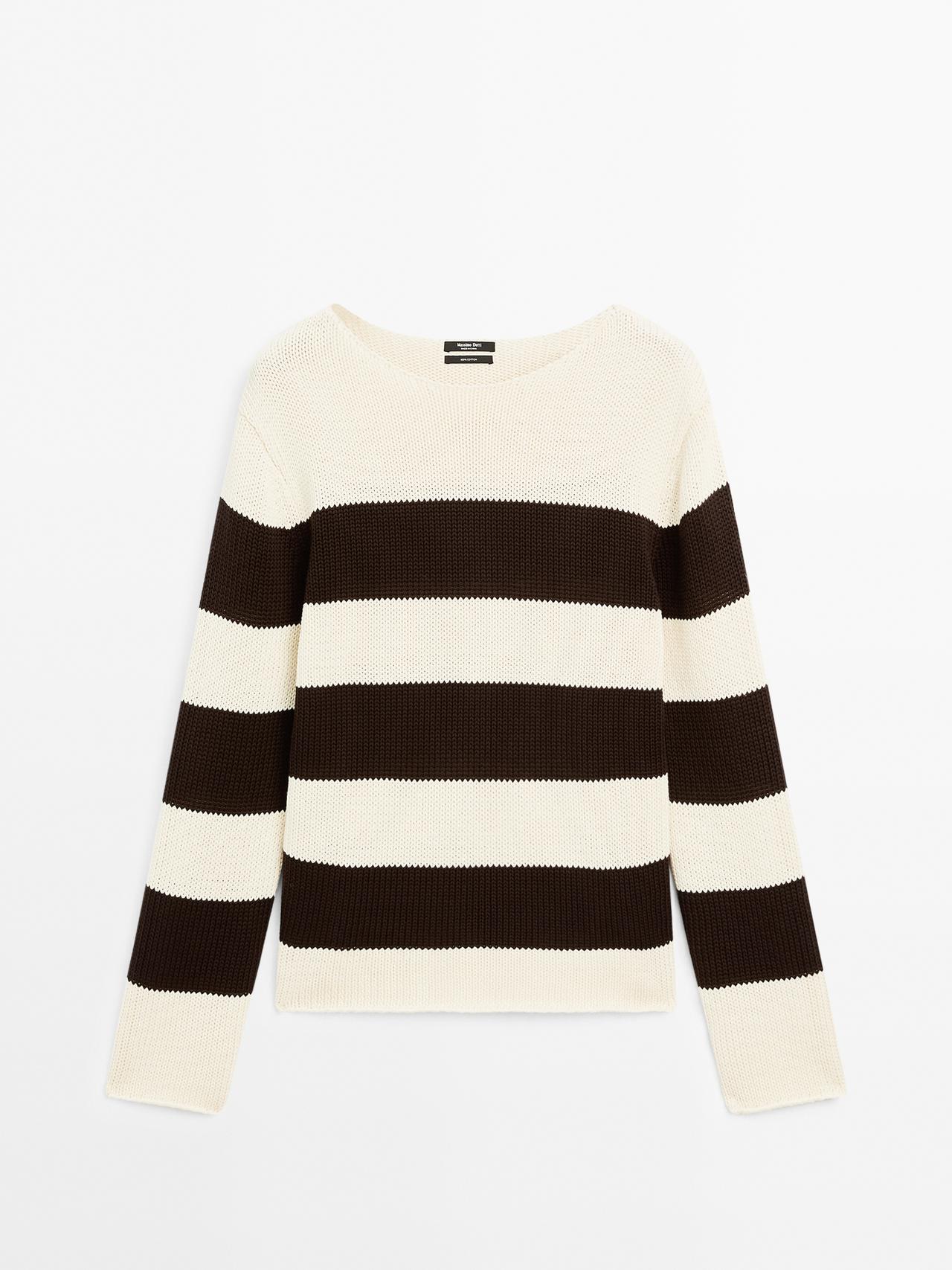 Massimo Dutti - Dames - 100% Katoenen Tricot Trui Met Strepen - Ecru - Xs
