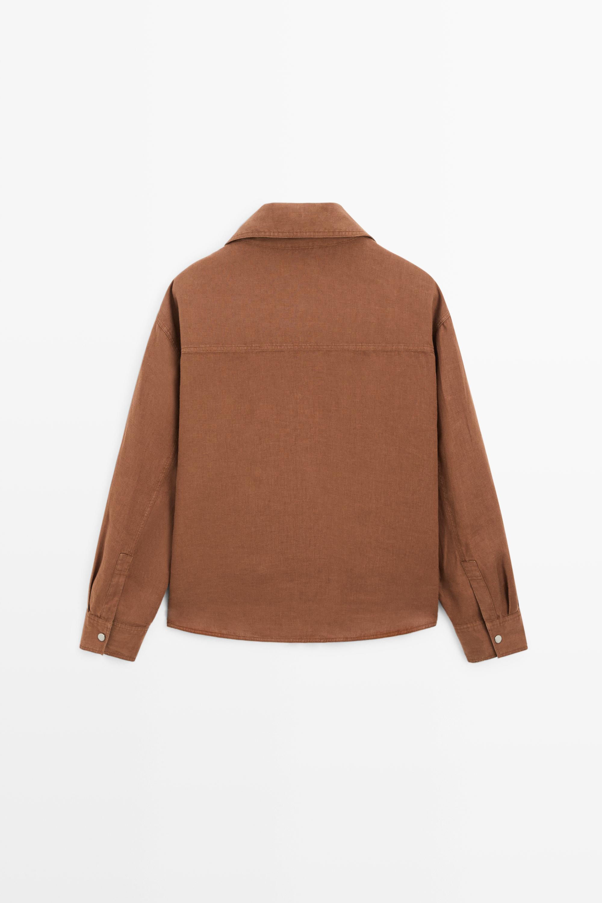 100% linen snap-button shirt — BROWN