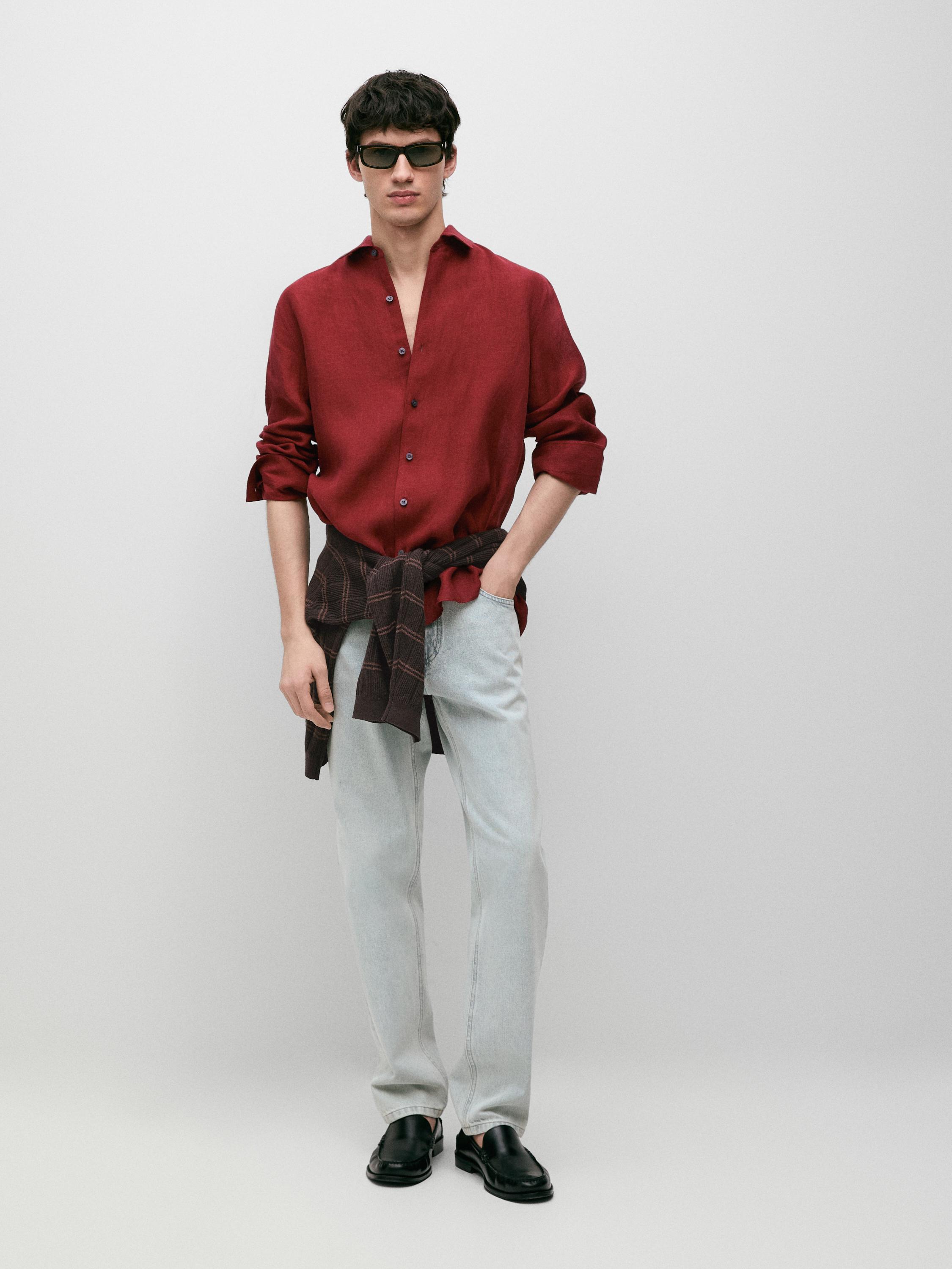 Textured 100% linen regular fit shirt — RED