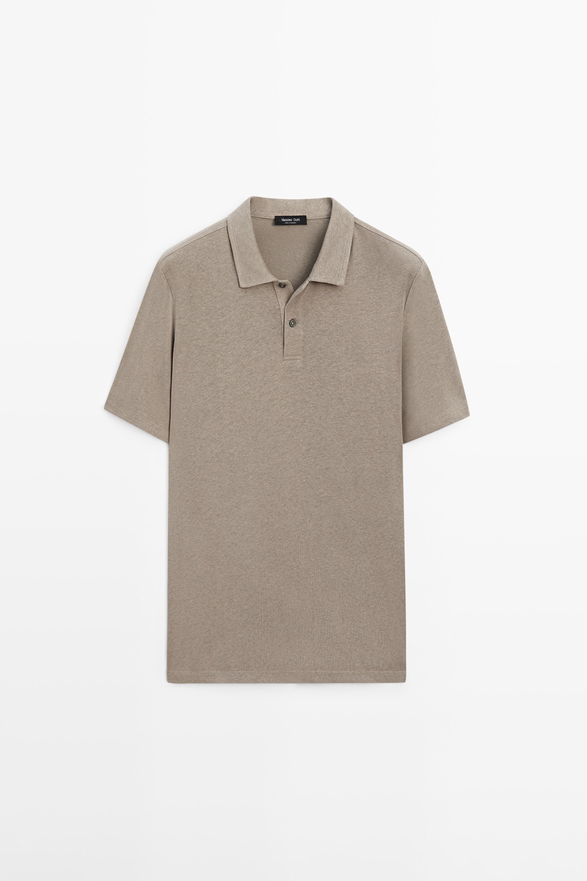 Linen and cotton short sleeve polo shirt — MOLE BROWN