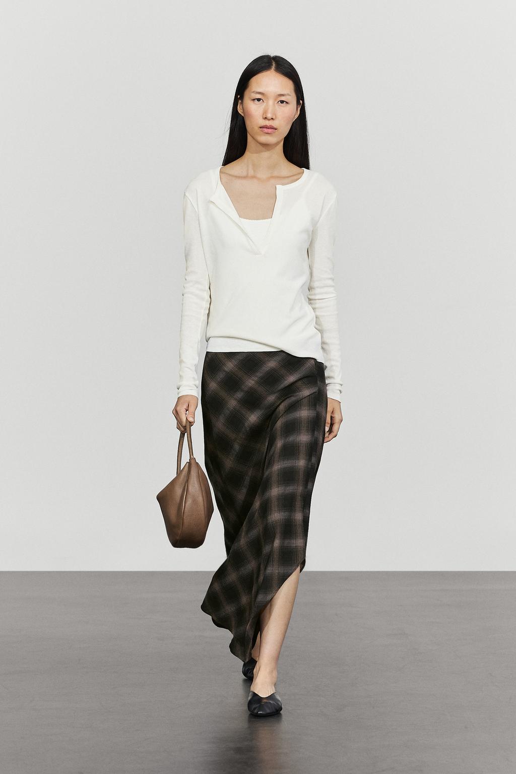Massimo Dutti Yun-ipək qarışıqlı damalı midi yubka yarıqlı