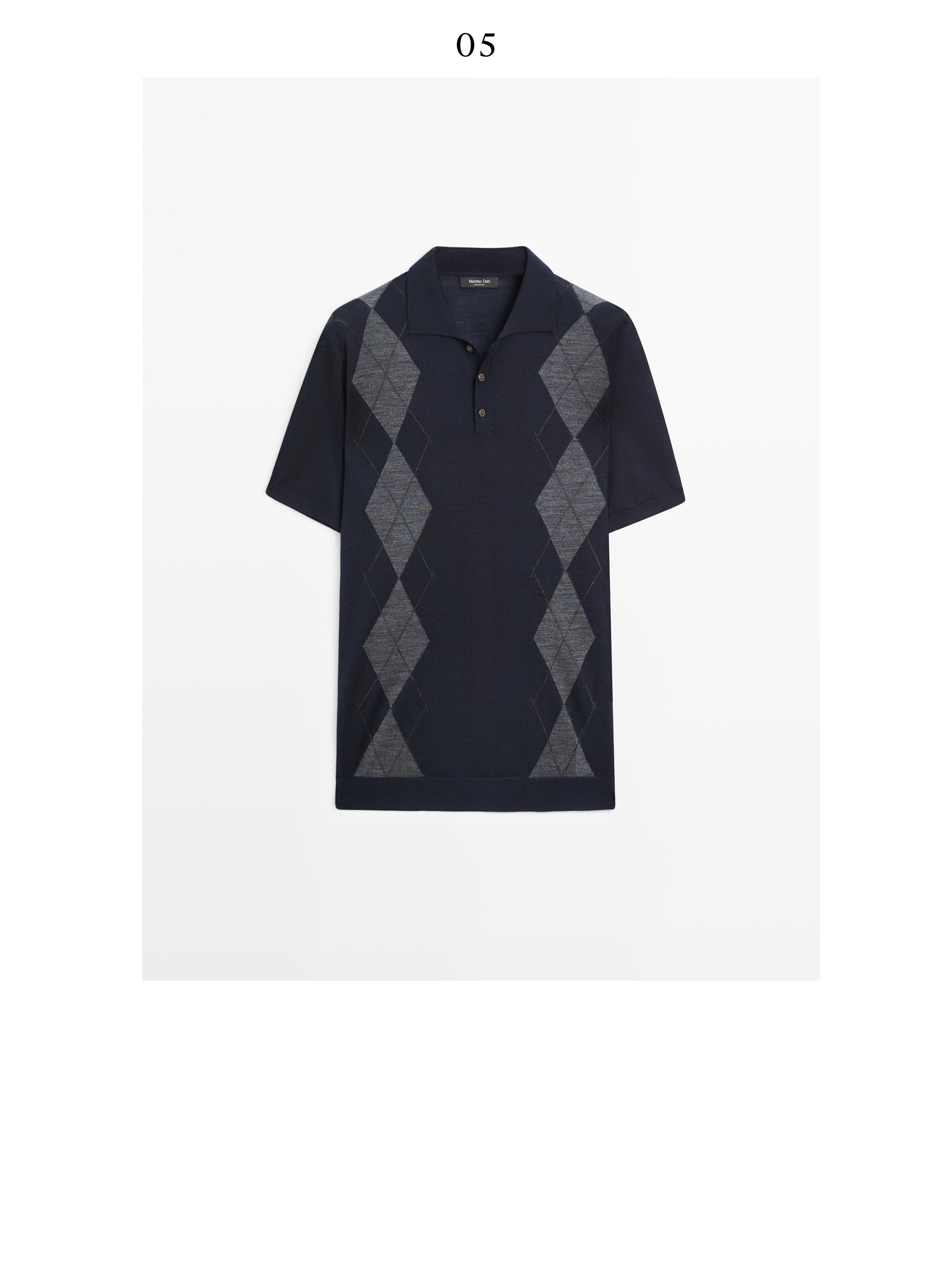 Merino wool blend argyle knit polo sweater — NAVY BLUE