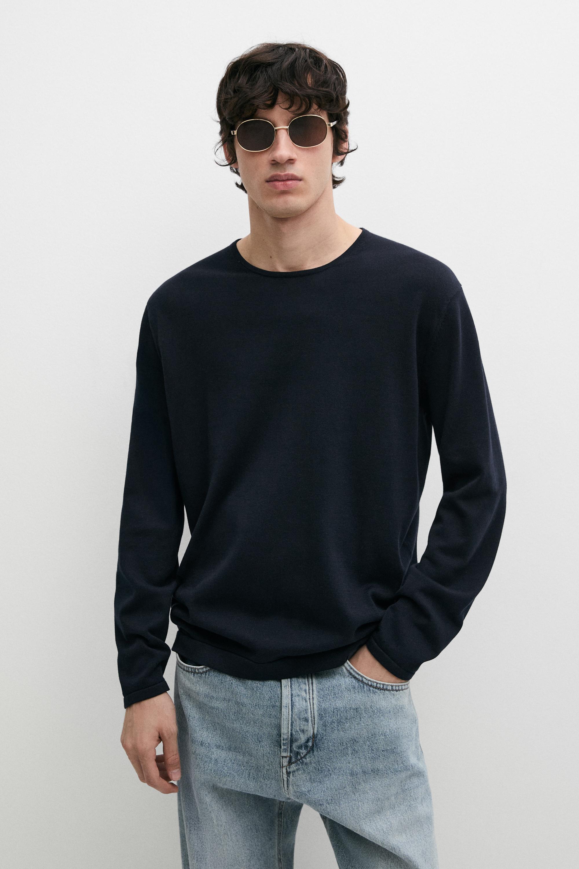 Knit 100% cotton crew neck sweater — NAVY BLUE