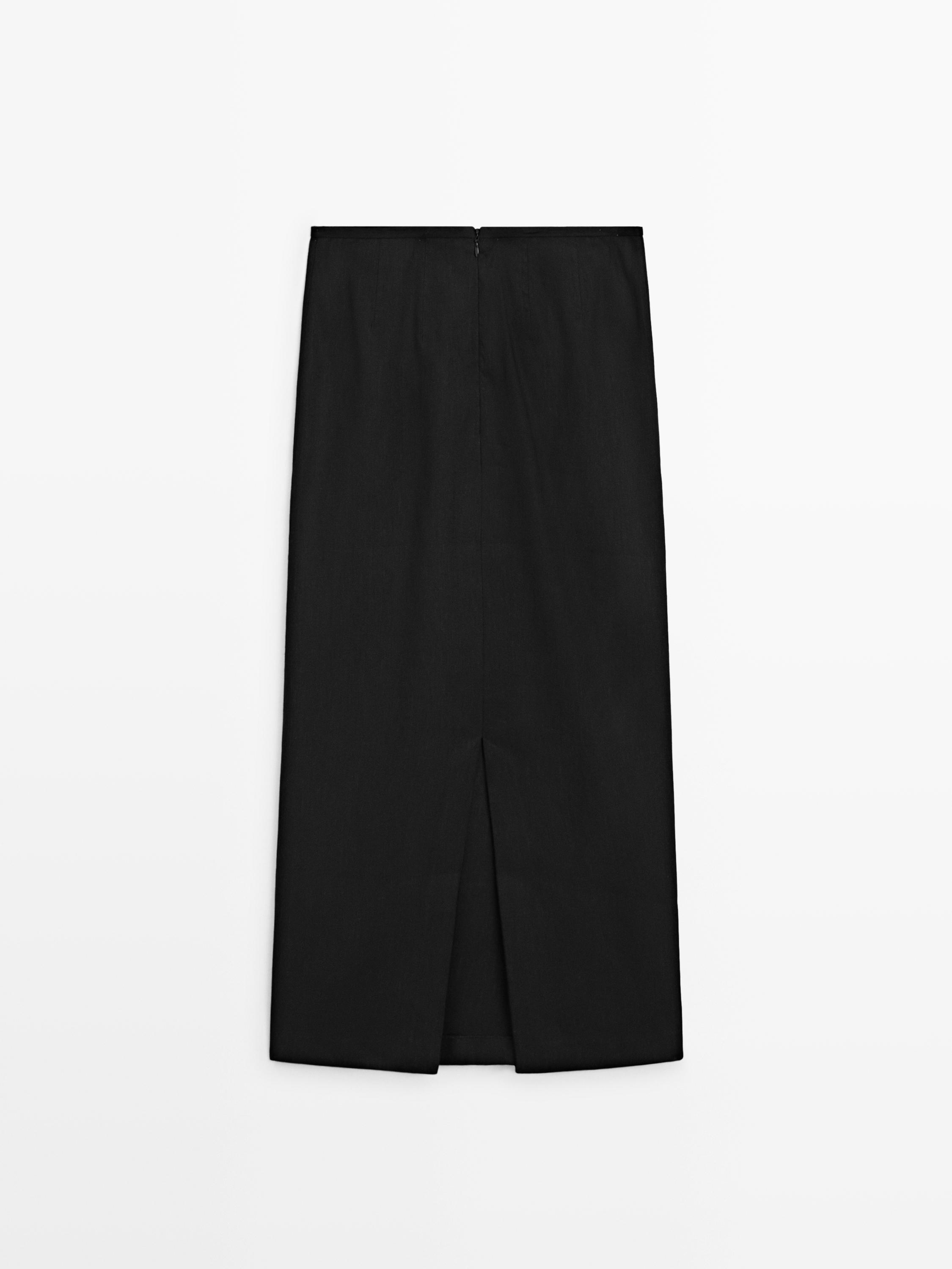 Straight linen blend midi skirt