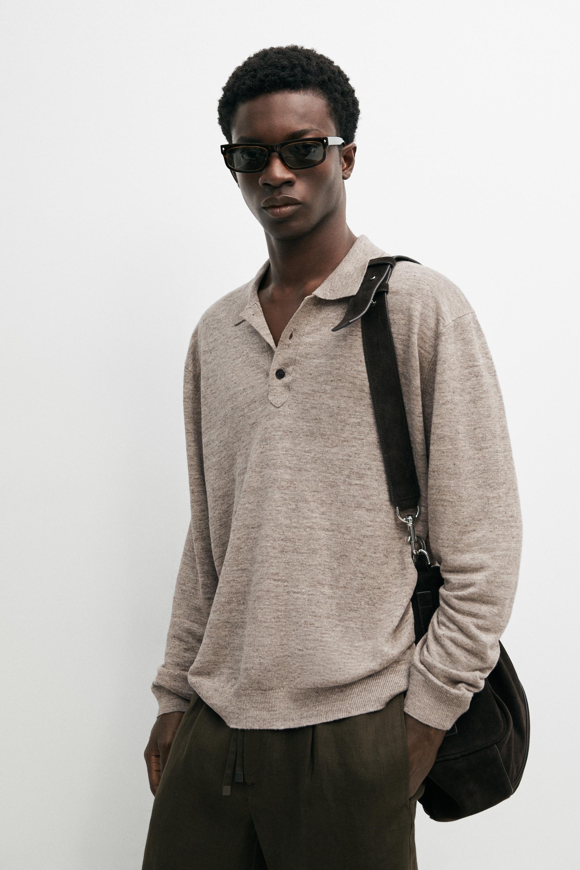 100% linen knit polo collar sweater — BEIGE MARL