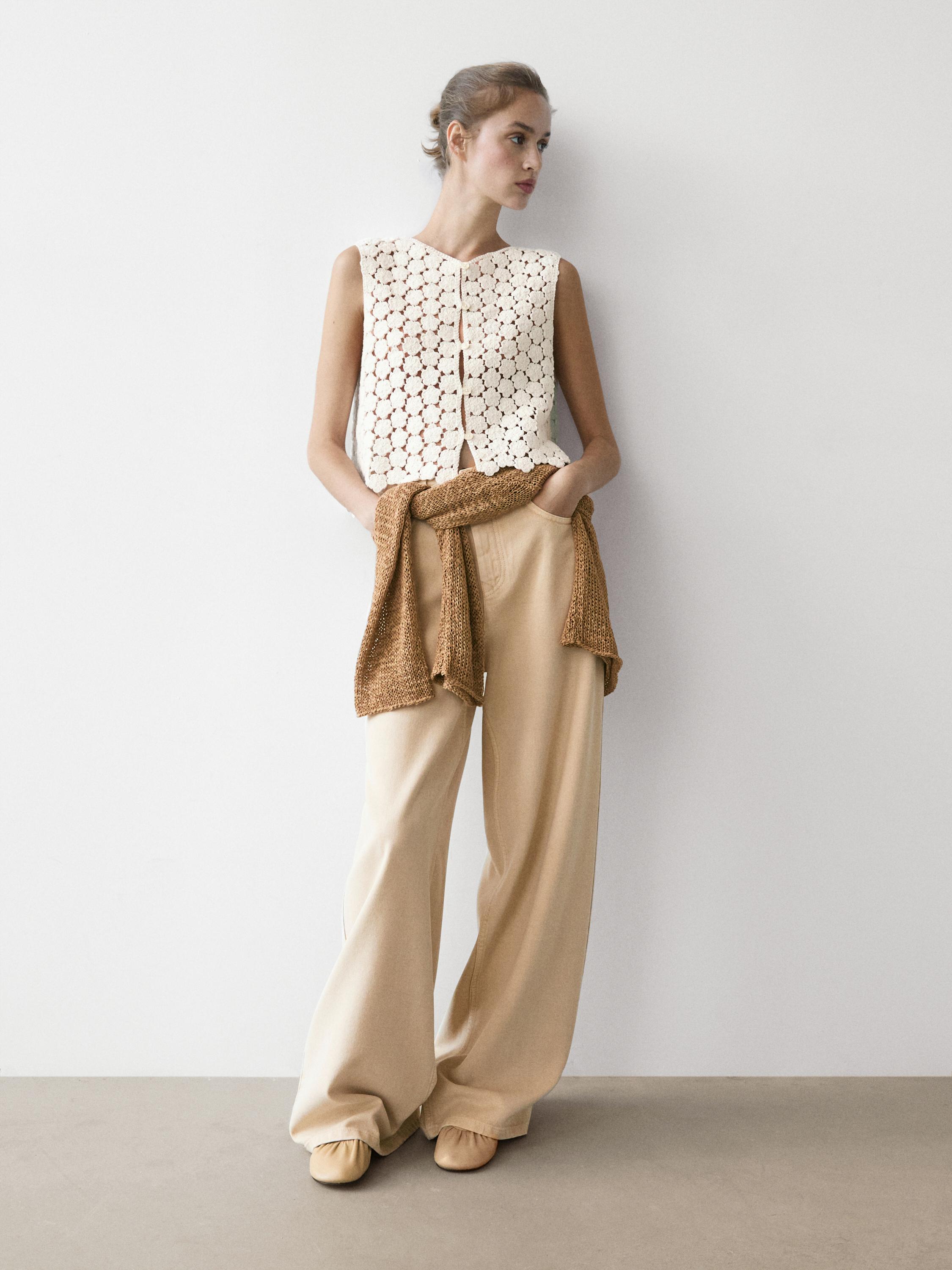 Cotton crochet vest with floral details — CREAM