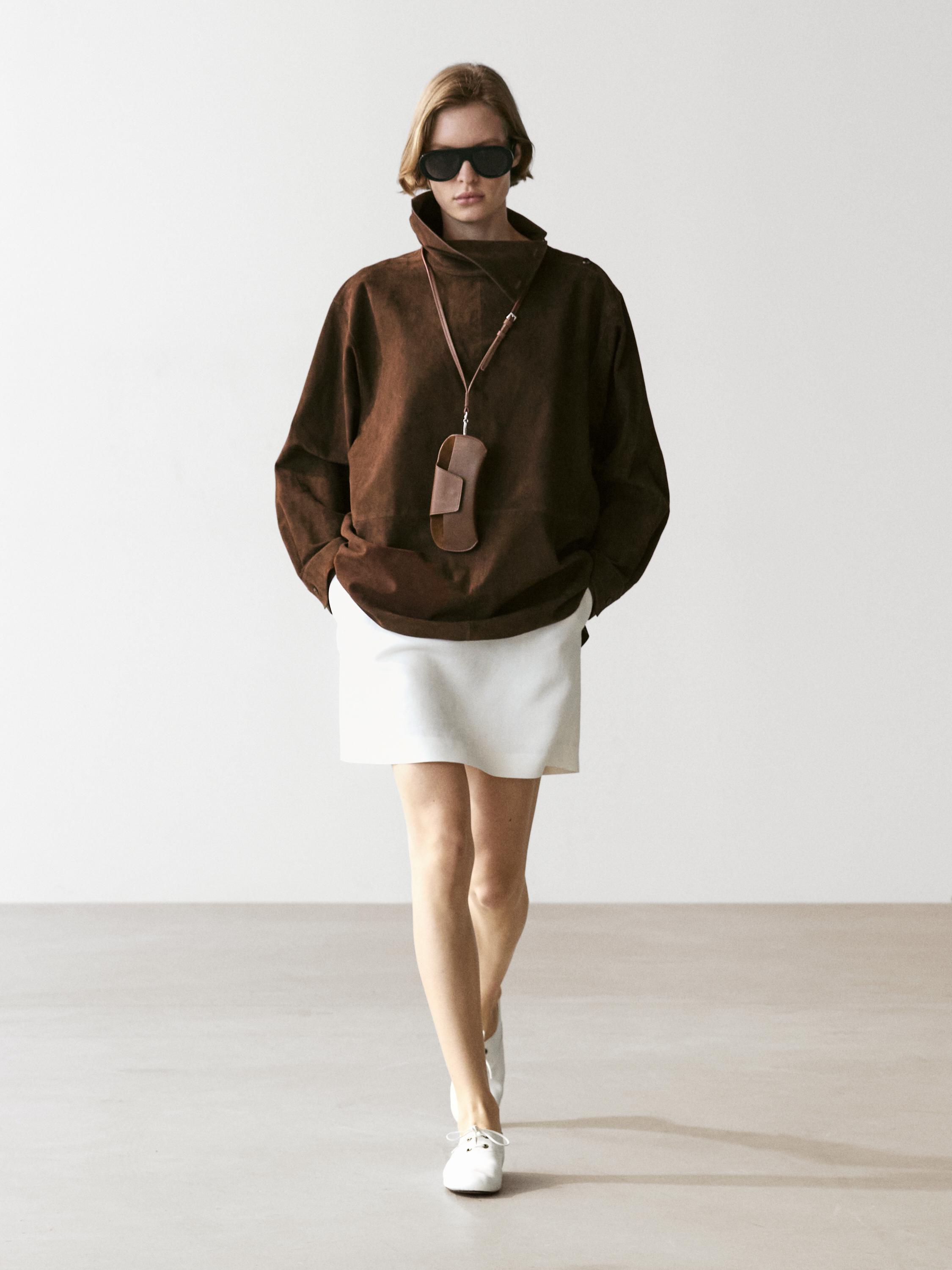 Suede leather oversize blouse with high neck