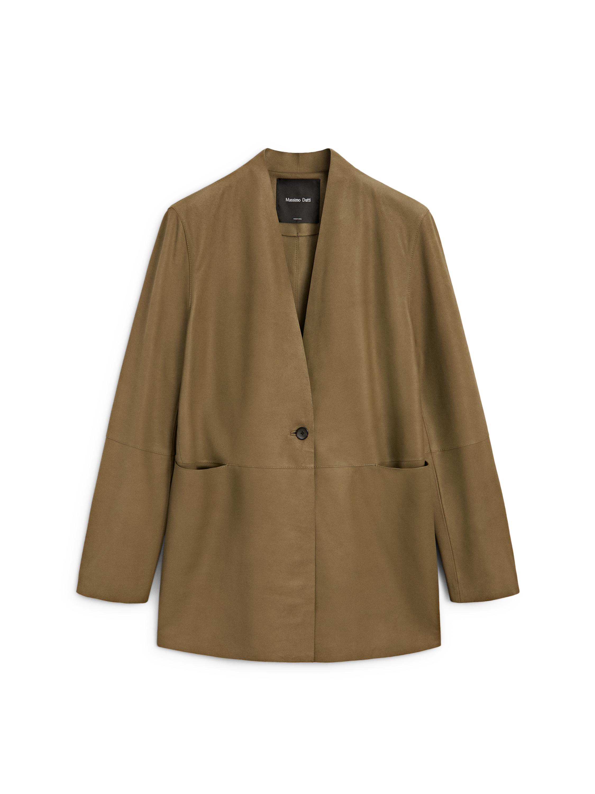 100% suede leather blazer with button detail - STUDIO — KHAKI