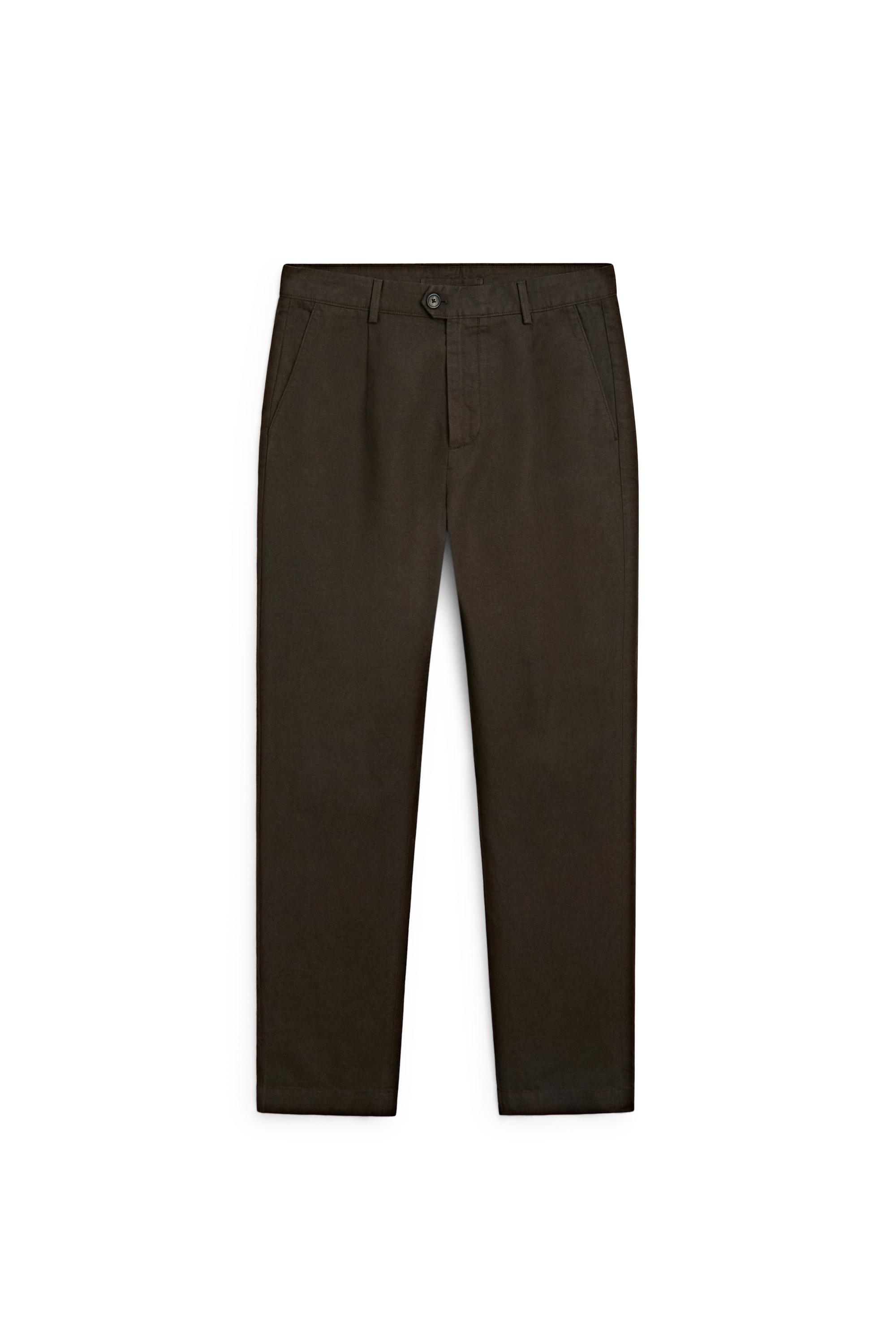 Straight-leg linen and cotton trousers with darts — BROWN
