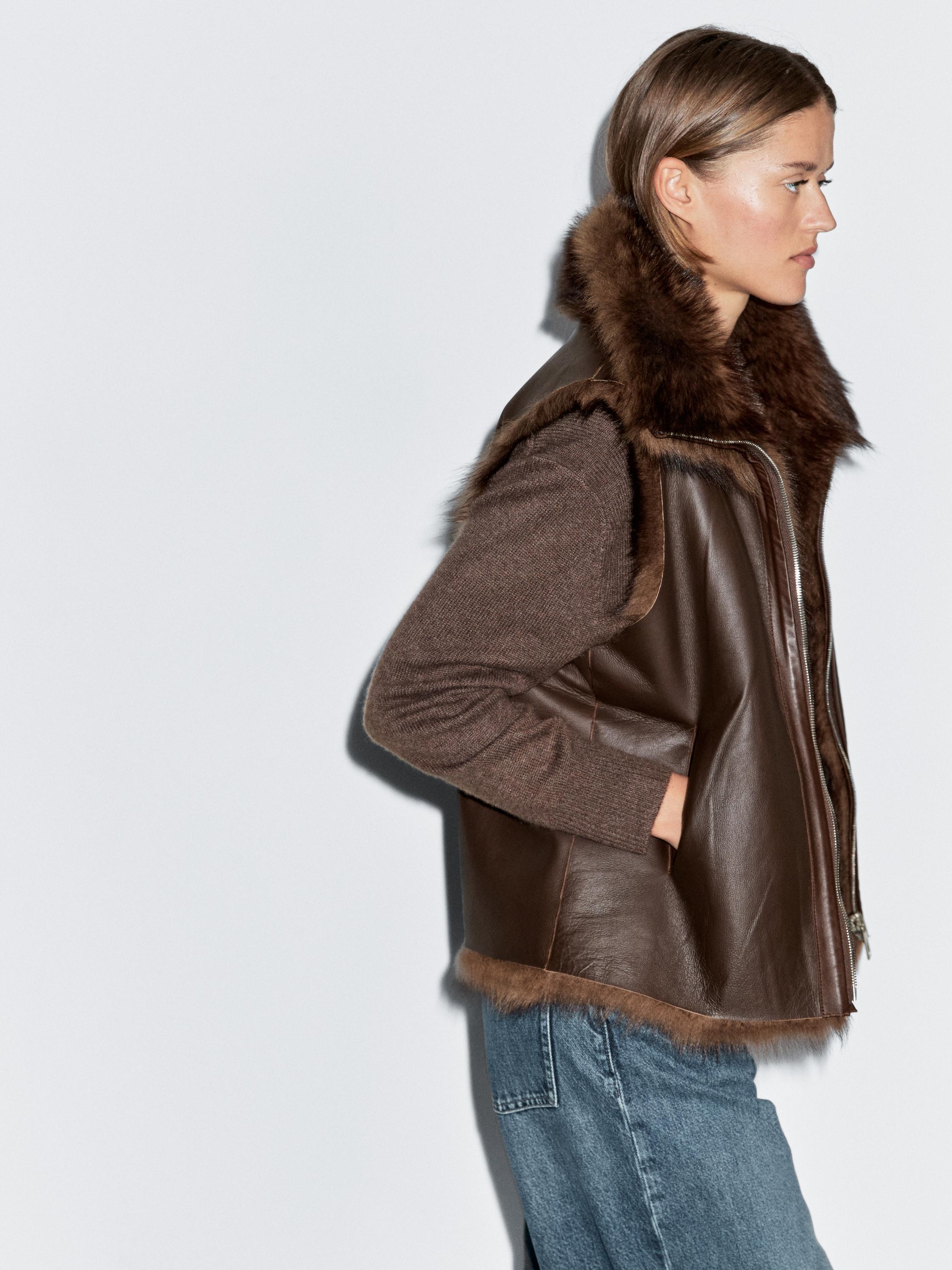 Leather high-neck waistcoat with fur — BROWN