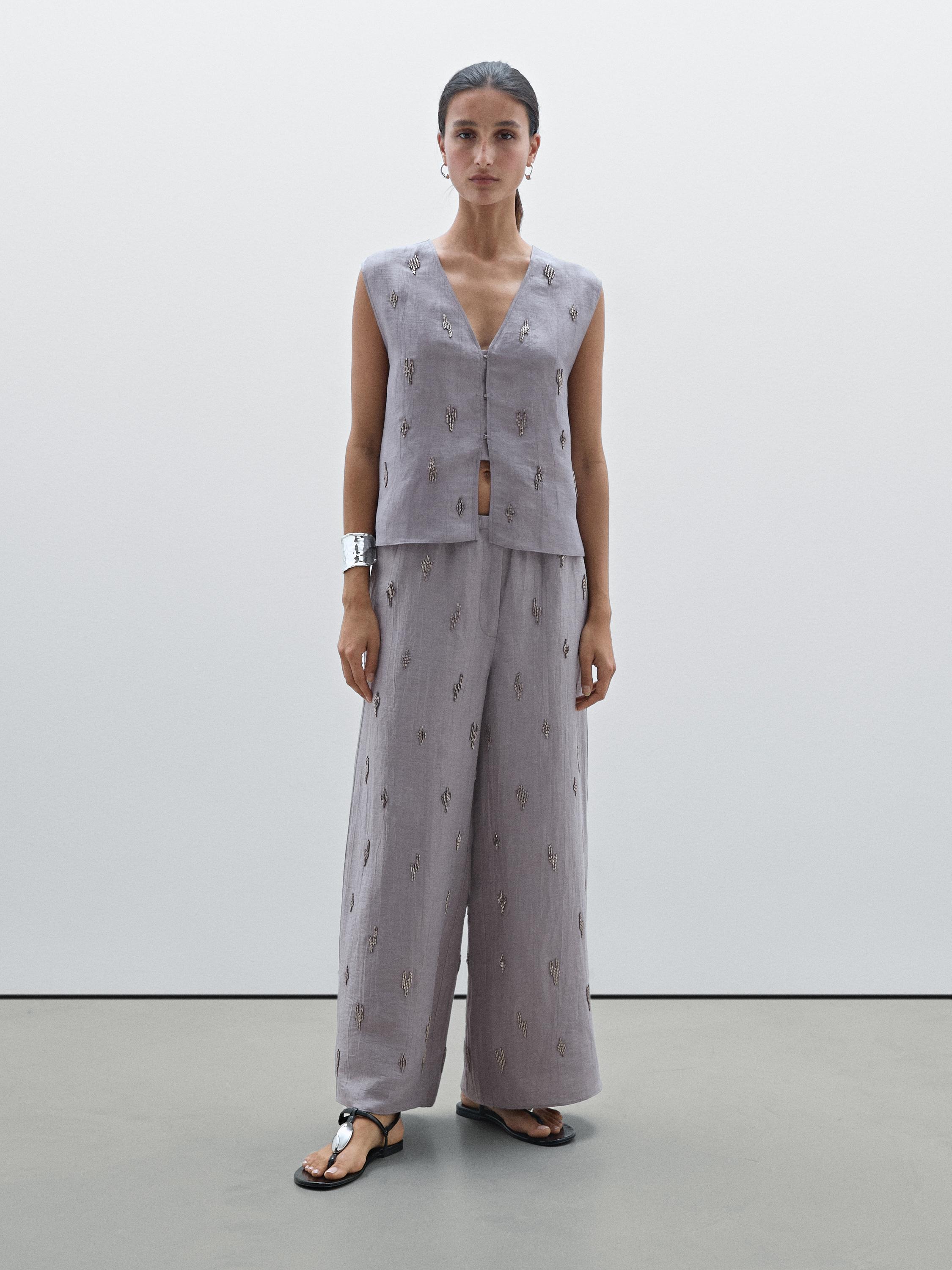 سروال من مزيج كتان بتفصيل حجر الراين