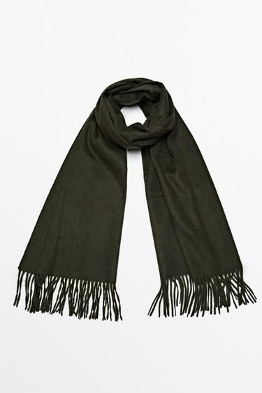 Wool blend scarf with fringing — KHAKI 2