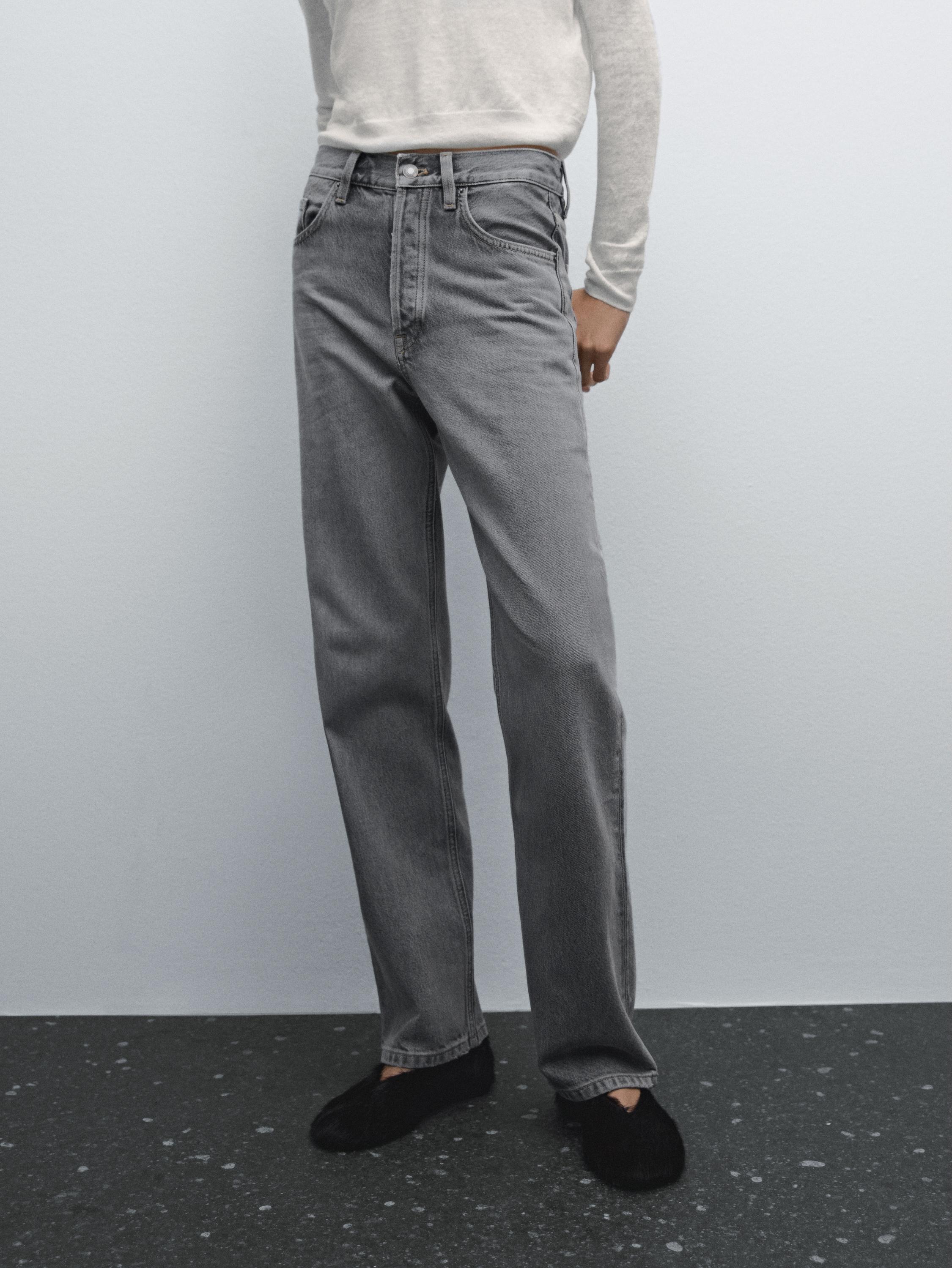 Cotton blend high-waist straight-leg jeans