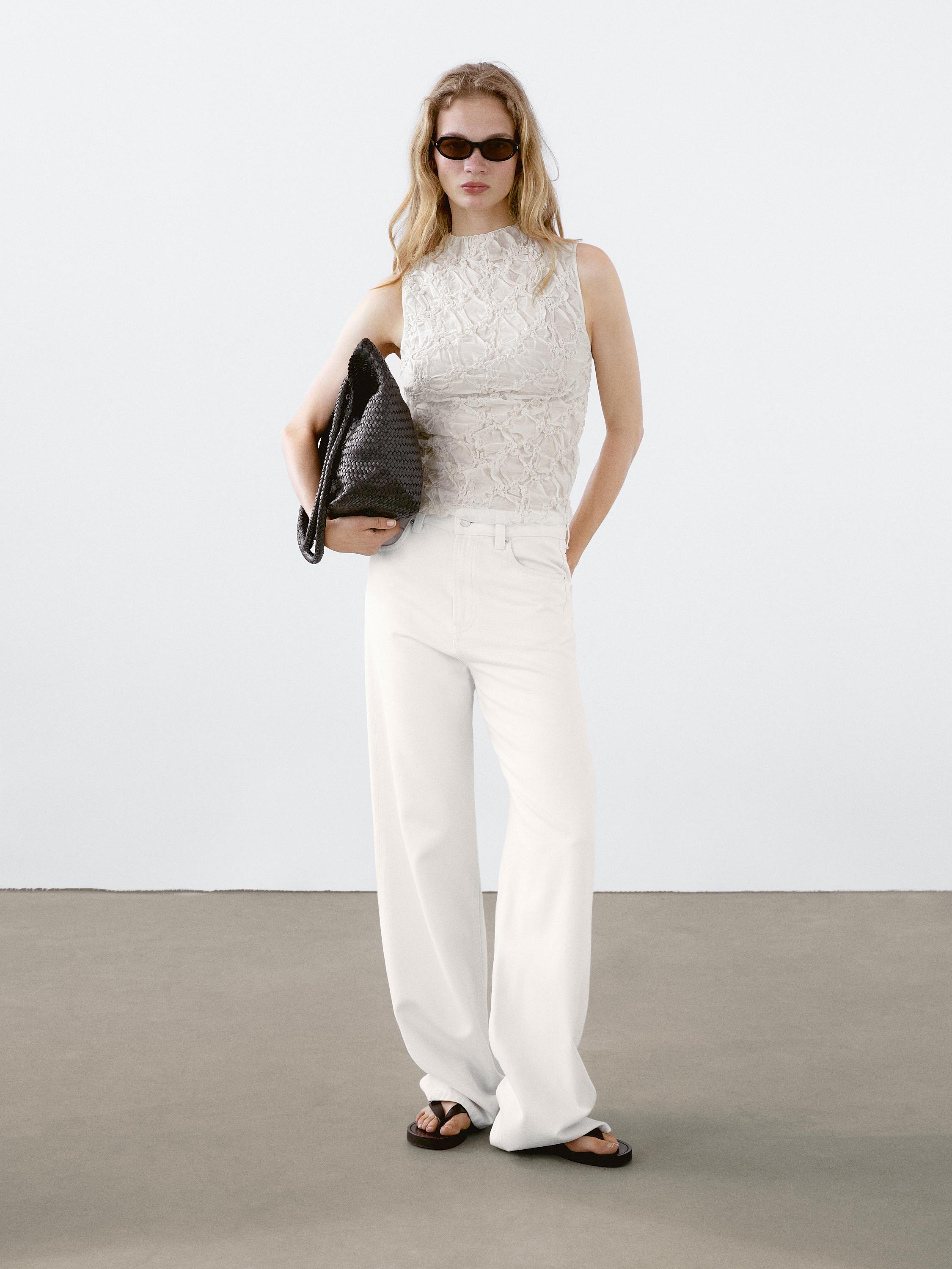 Creased-effect funnel neck top