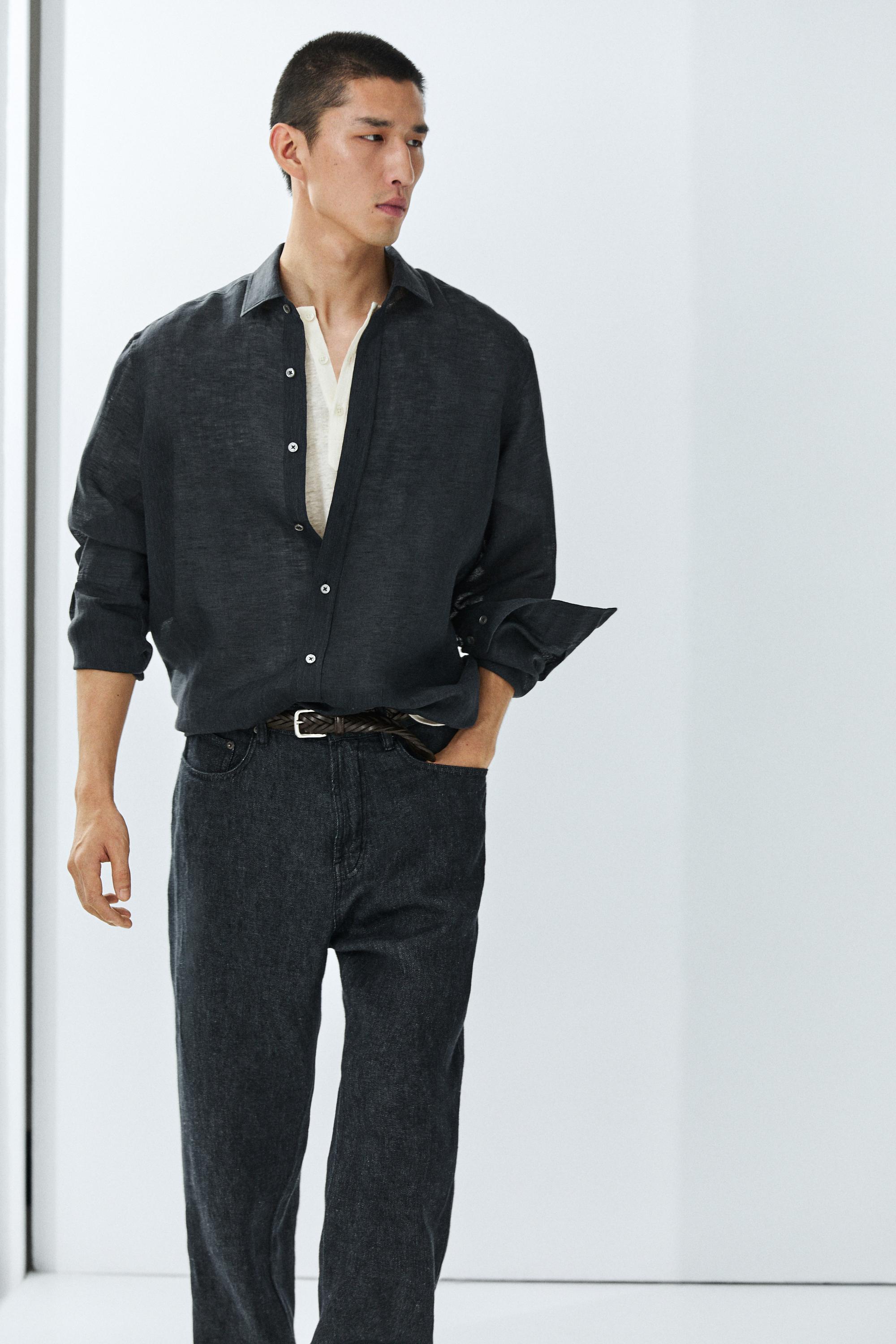 Regular fit 100% linen shirt — NAVY BLUE