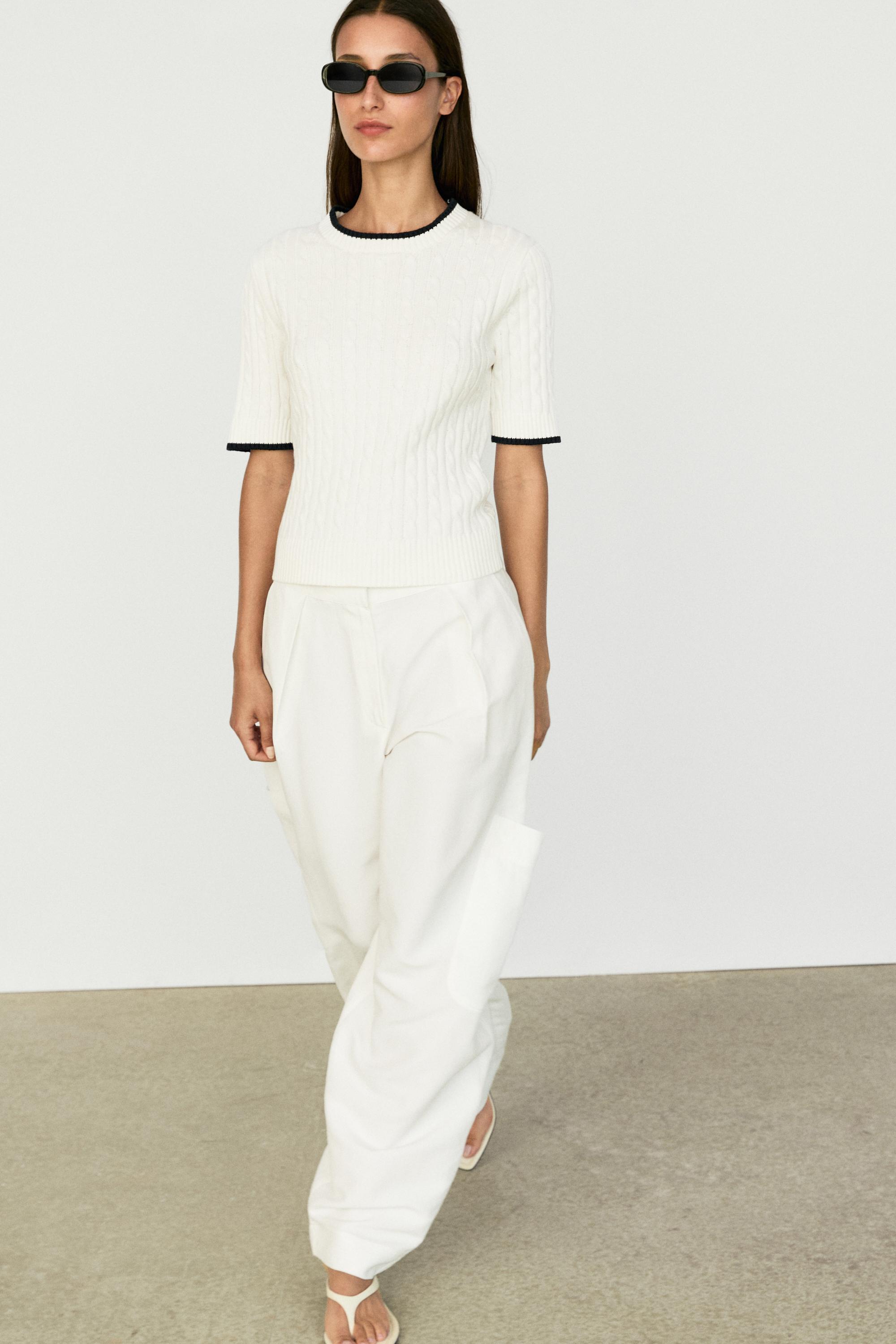 Short sleeve cable-knit sweater — WHITE