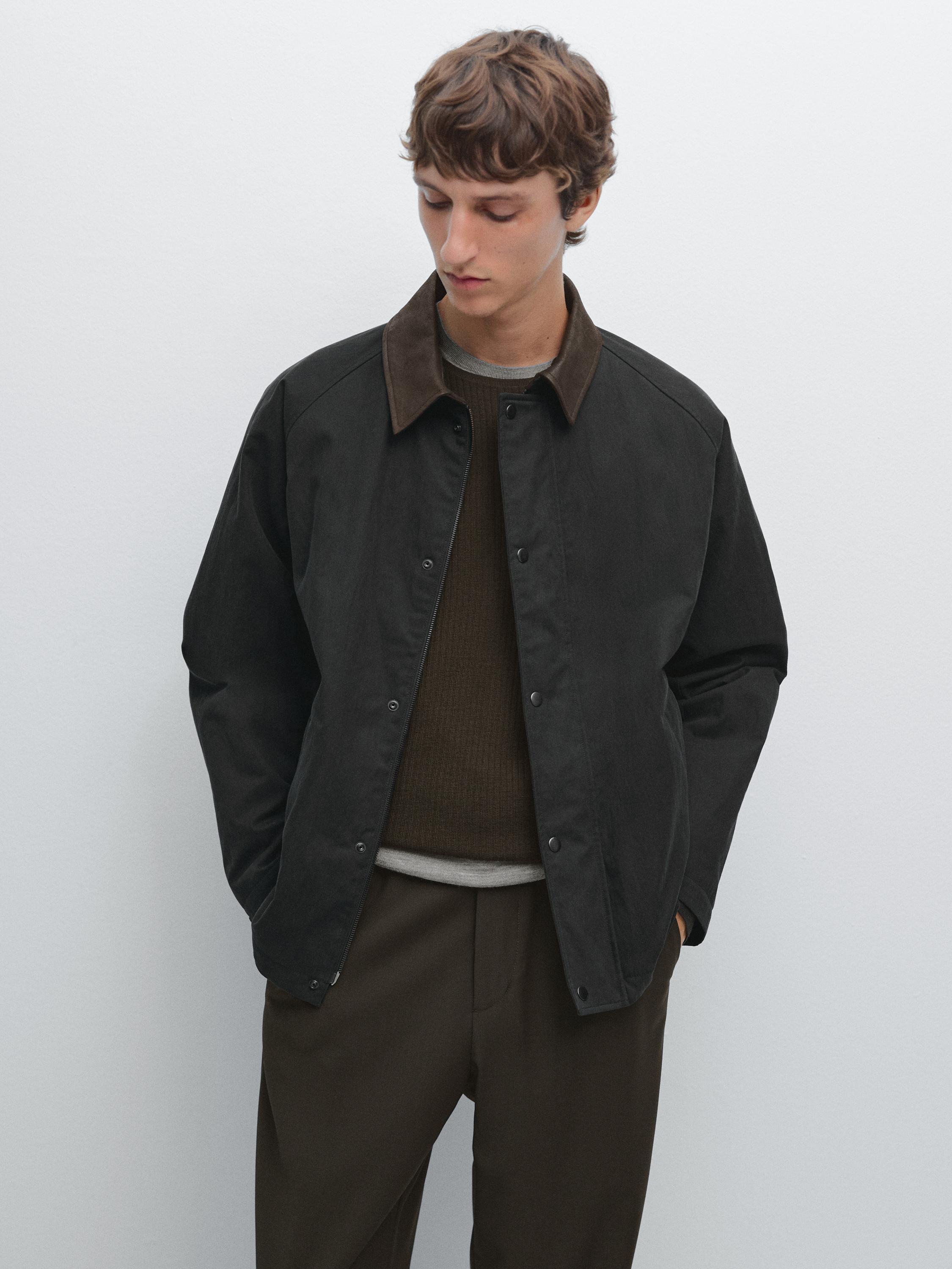 Jacket with leather collar detail