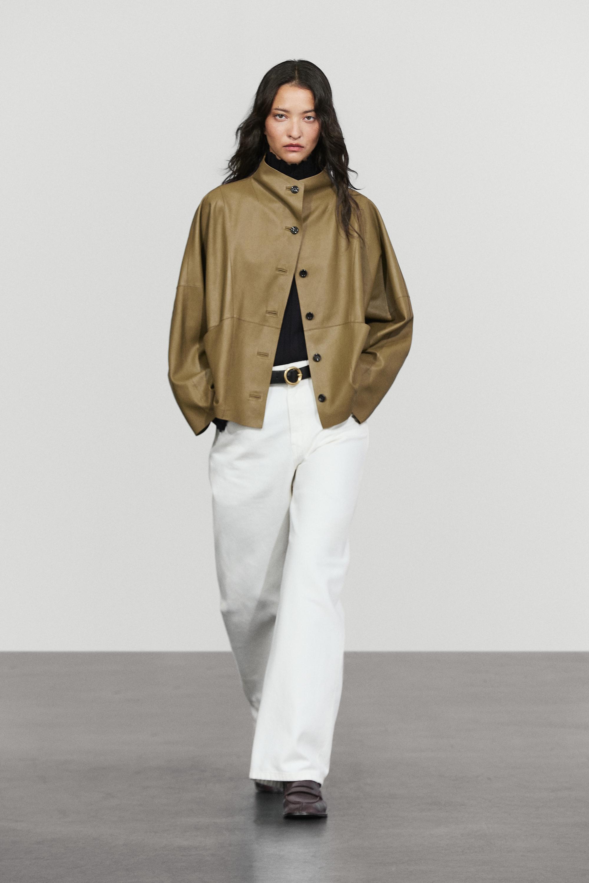 Stand collar nappa leather cropped jacket