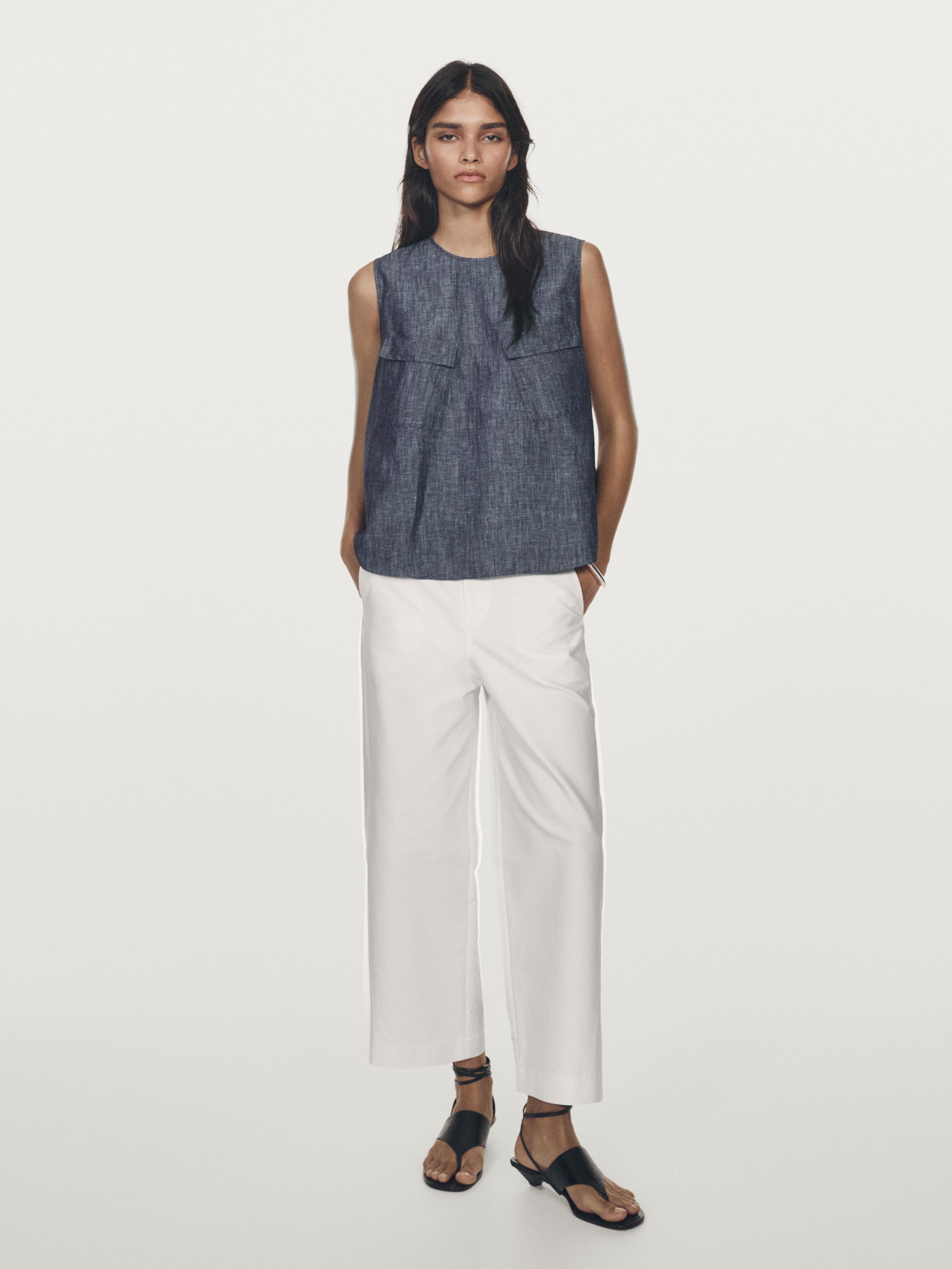 Cotton and linen denim blouse with pockets