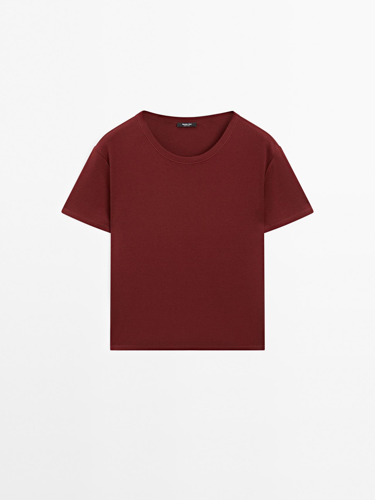 Massimo Dutti - Dame - Regular Fit T-Shirt Med Kravedetalje - Mørkerød - S