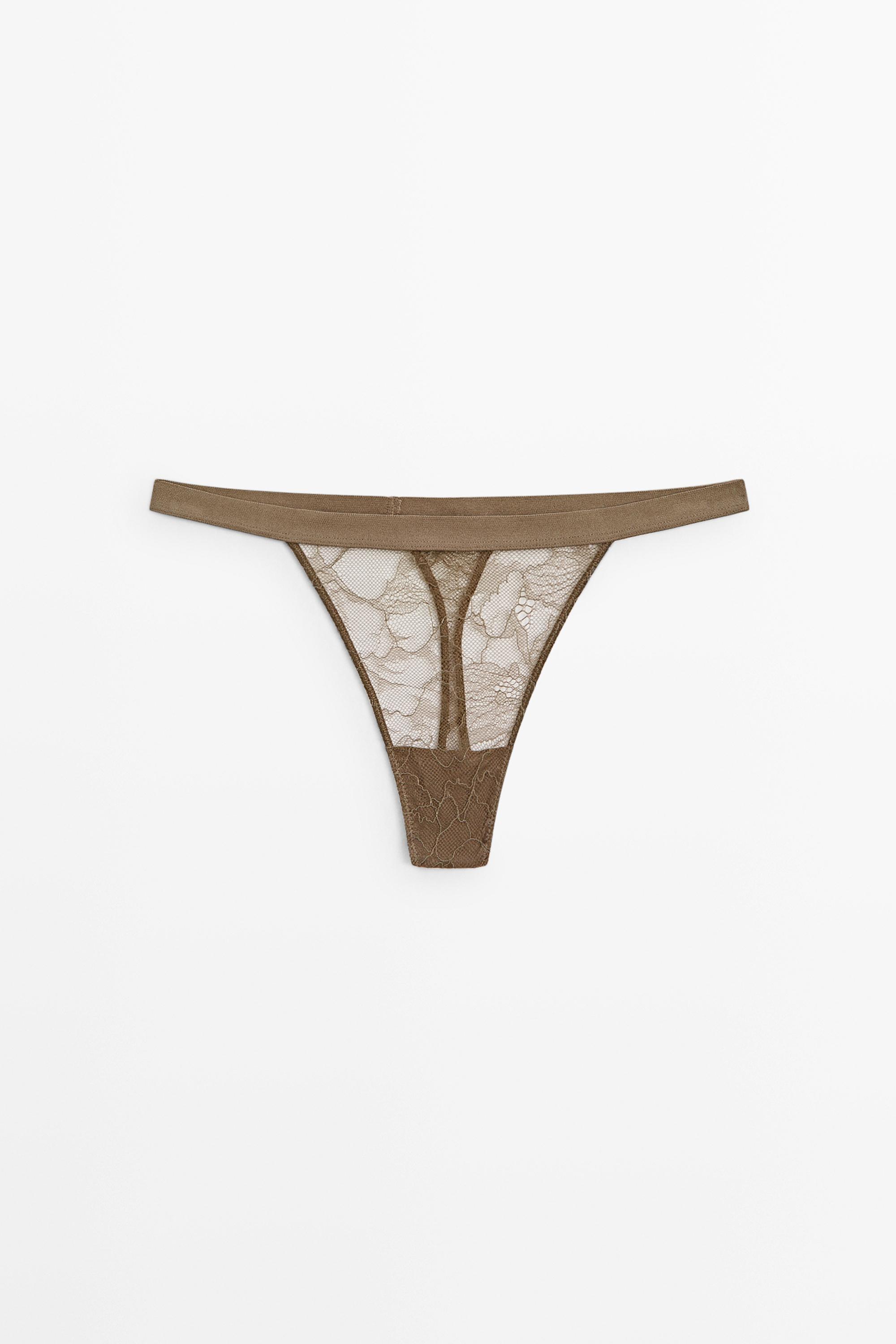 Elasticated floral lace thong — MINK