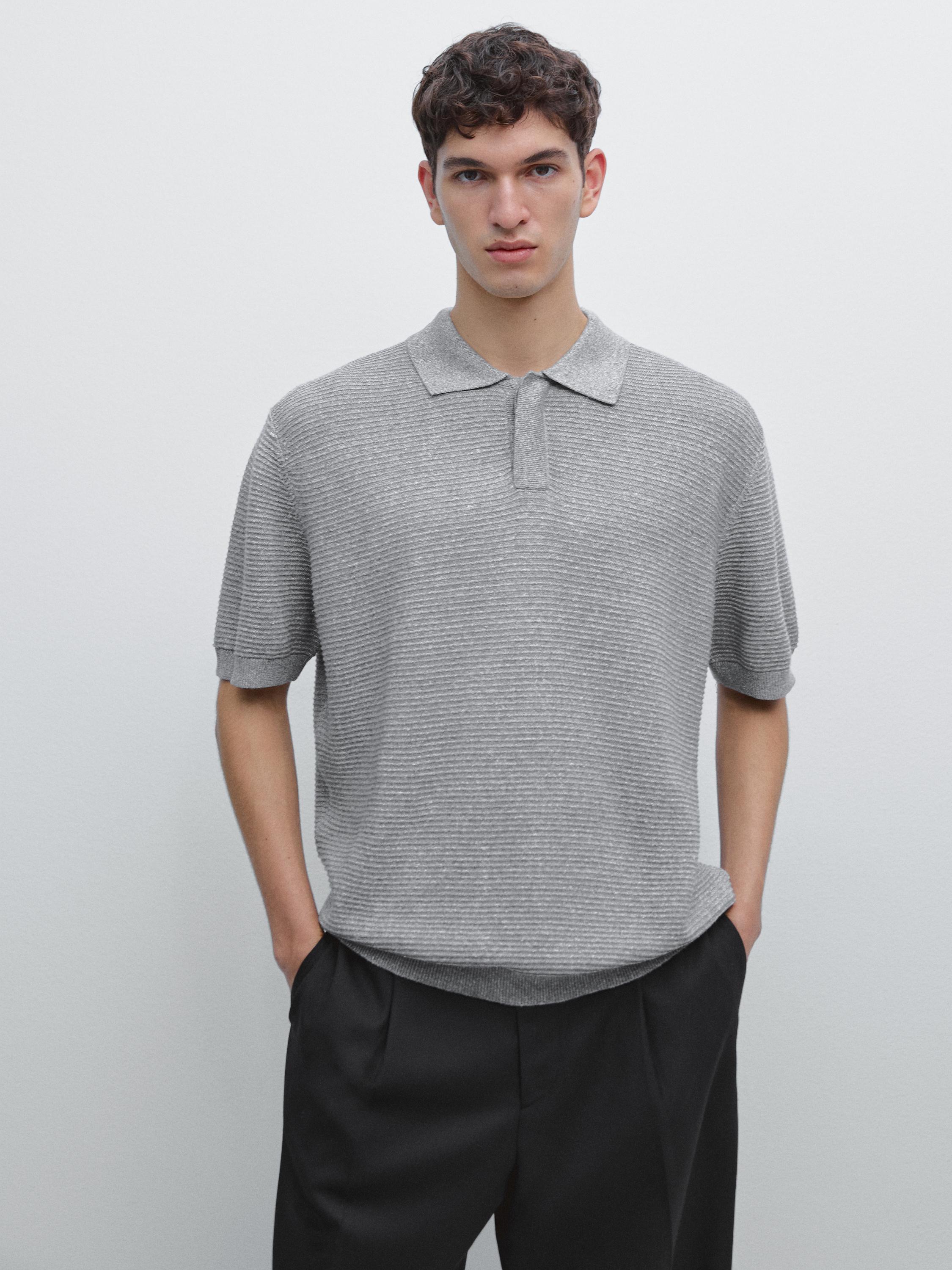 Kaus polo rajut campuran linen dan katun dengan lengan pendek