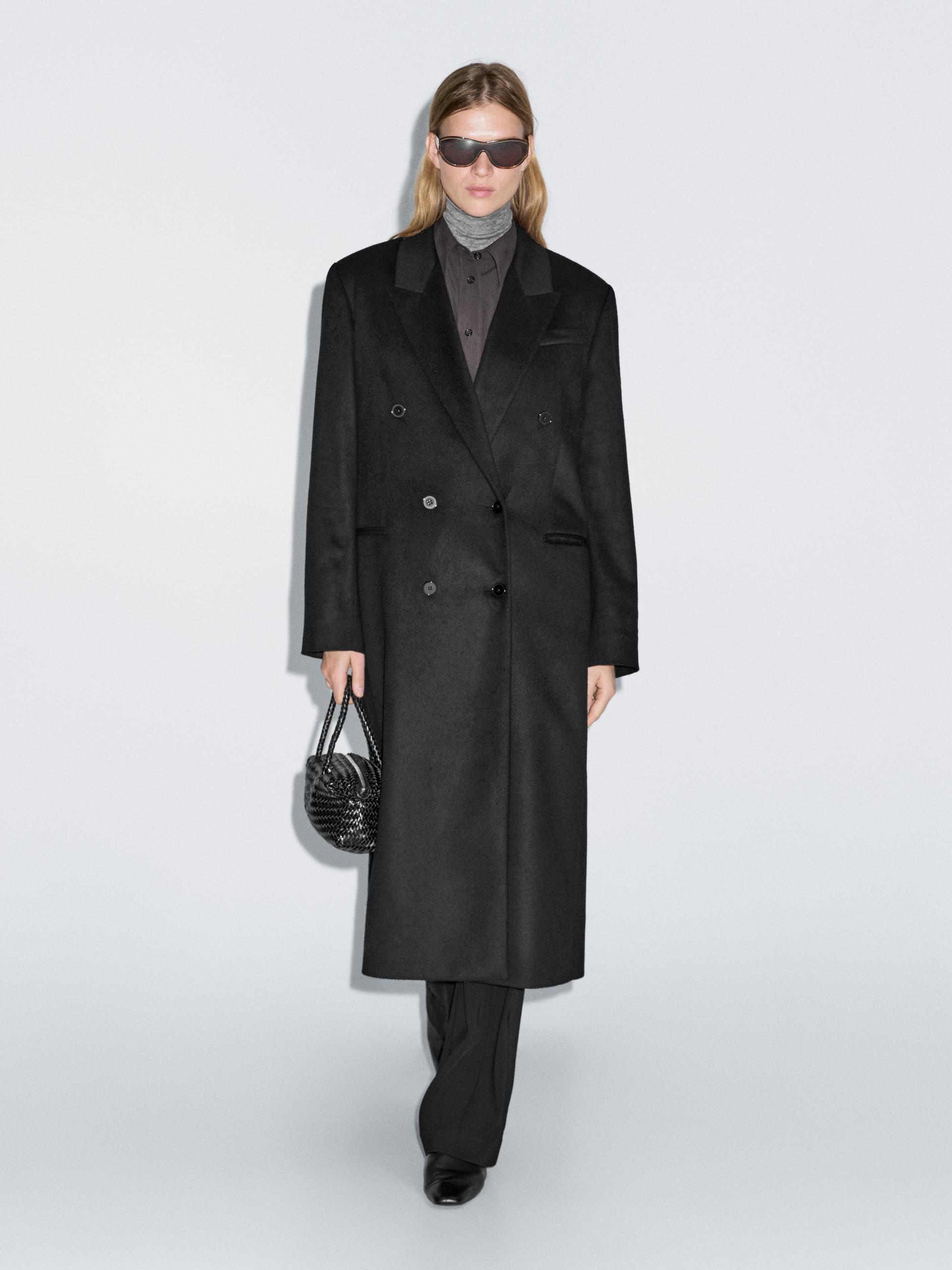 Manteau Long Croisé 100 % Laine - Noir - S - Massimo Dutti - Femme