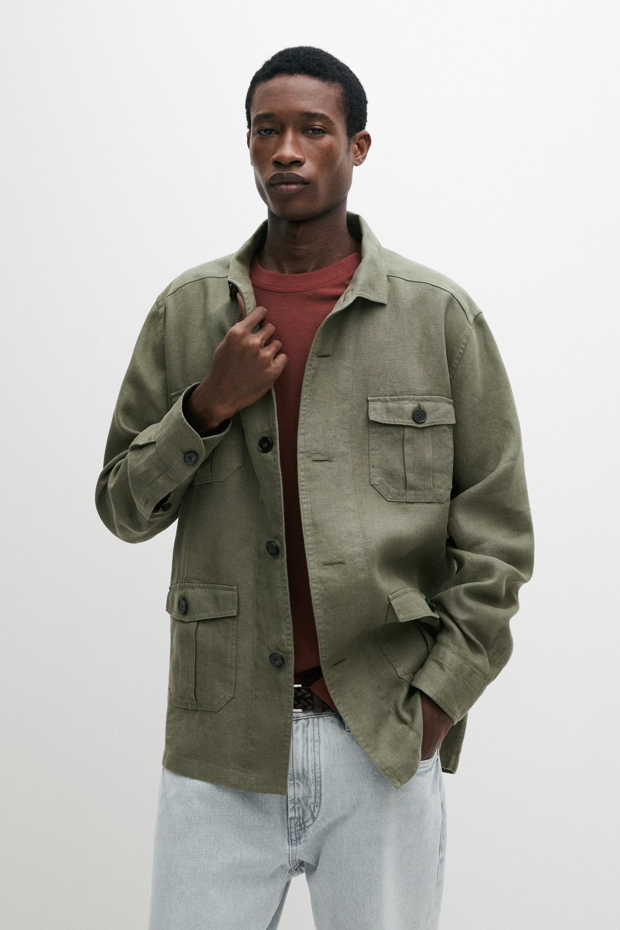 Heavy linen overshirt with pocket details — DARK GREEN