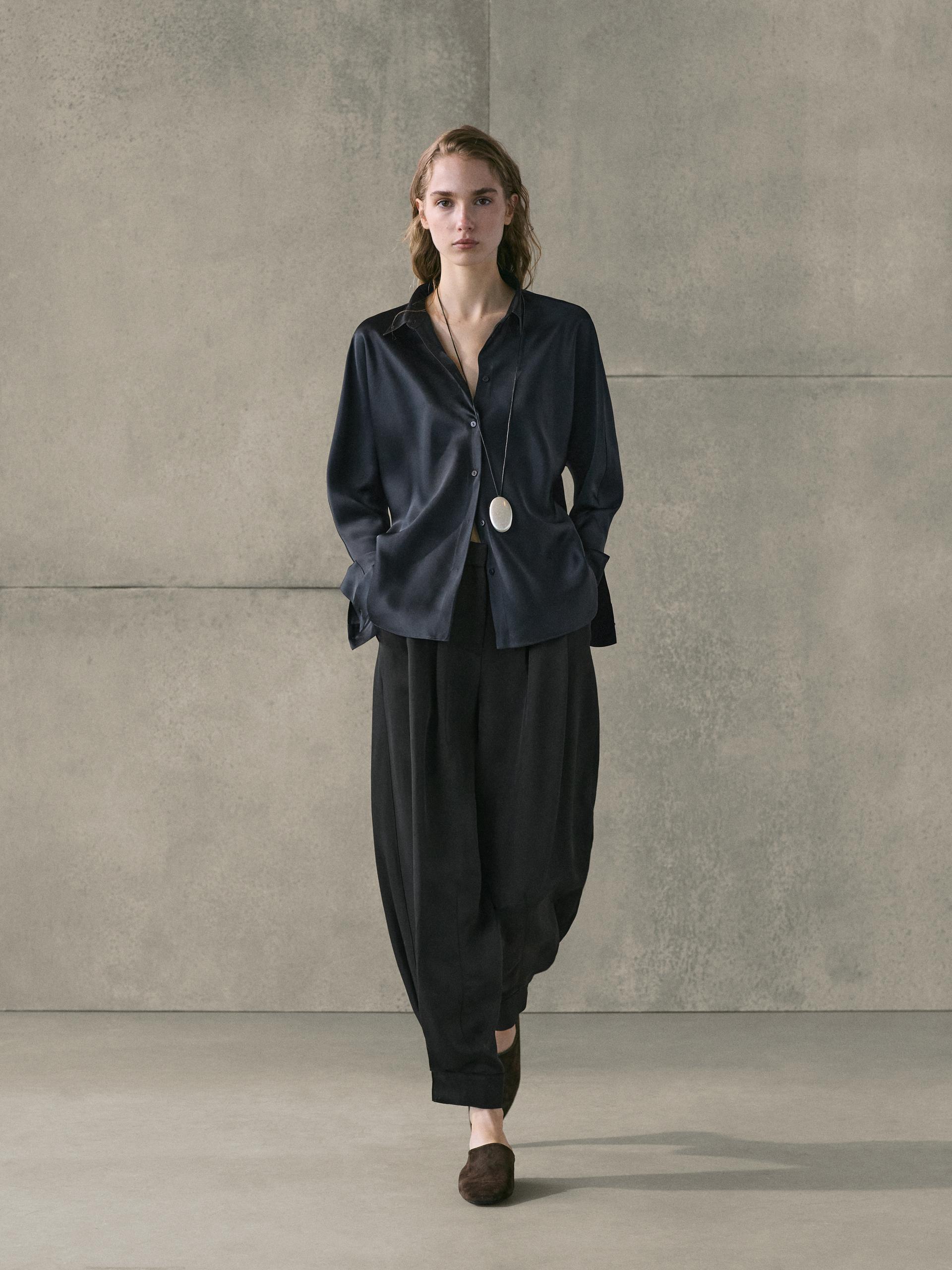 Camisa Fluida Satinada - Azul Oscuro - S - Massimo Dutti - Mujer