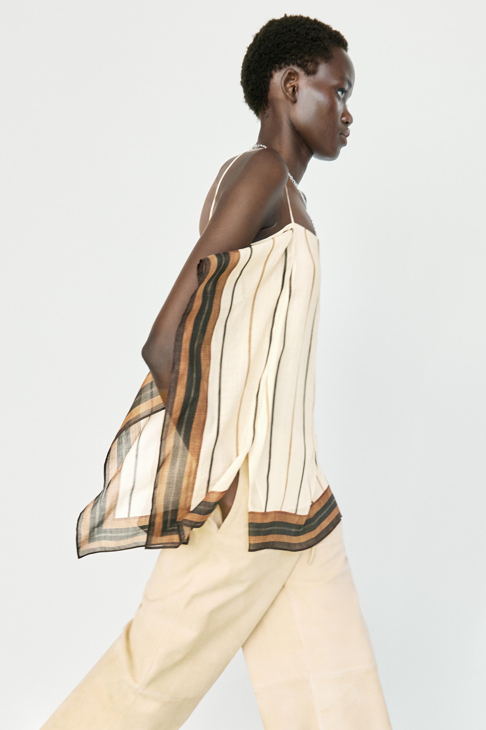Flowing striped strappy top — BLUSH-BEIGE