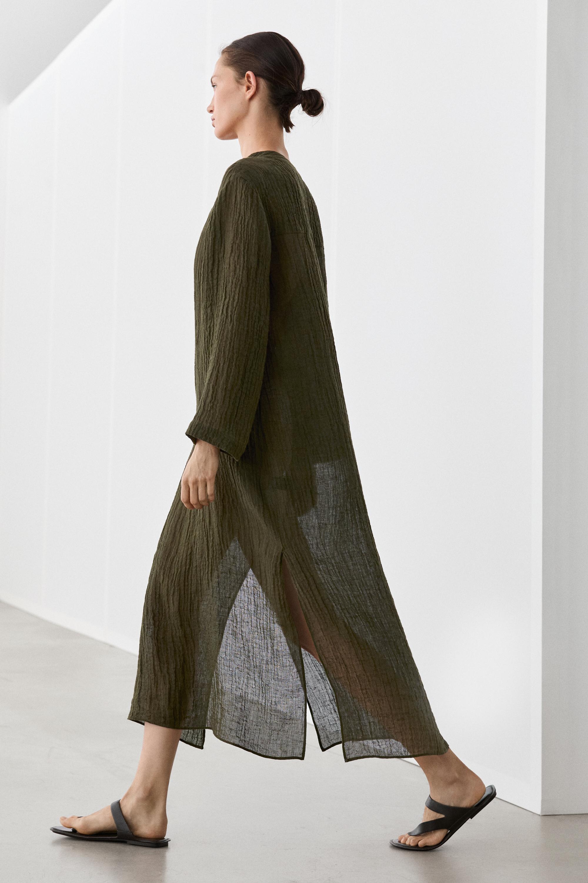 Linen blend waffle-knit shirt dress — GREEN