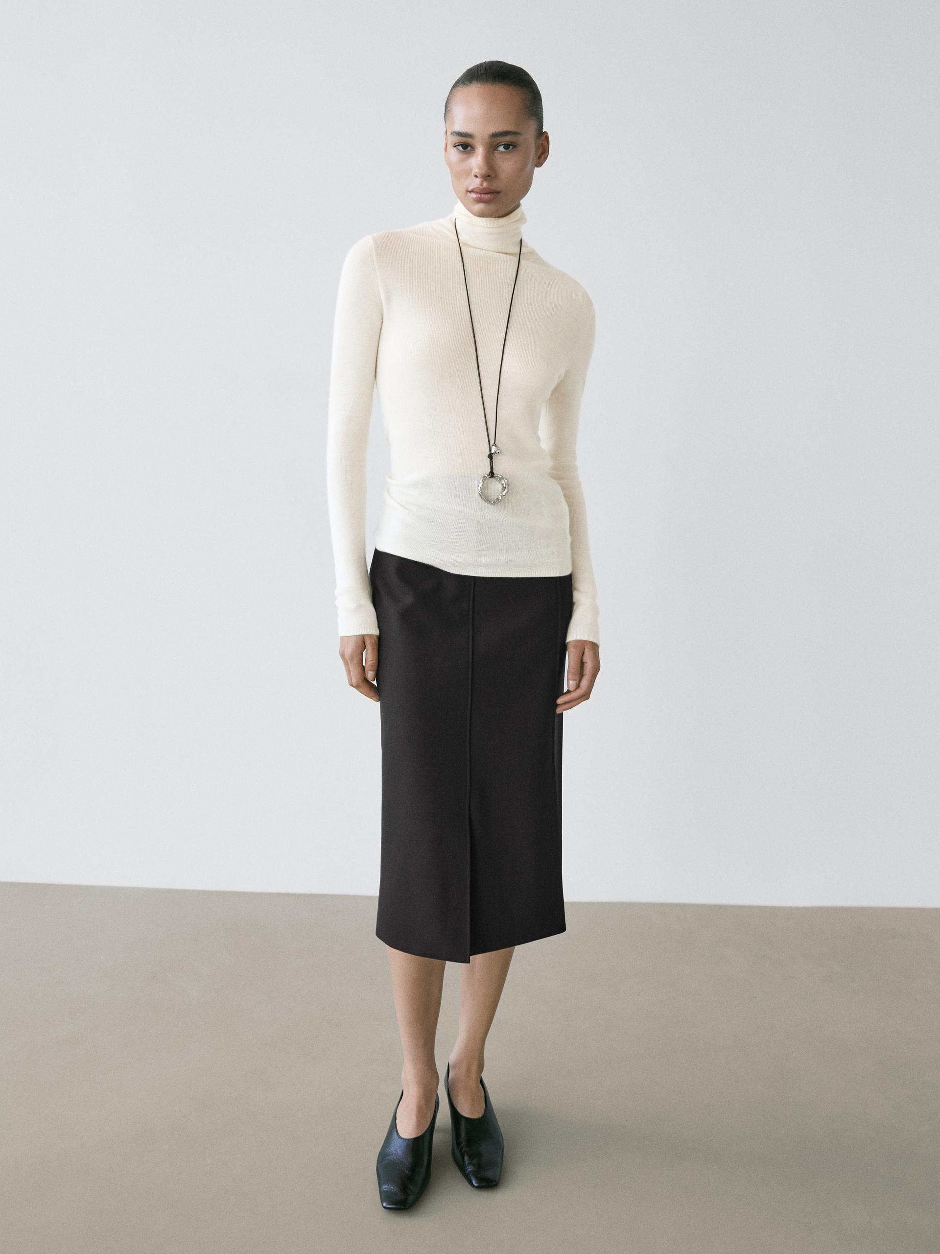 Gonna Midi Dritta Con Spacco In Misto Lana - Nero - 40 (It 44) - Massimo Dutti - Femminile