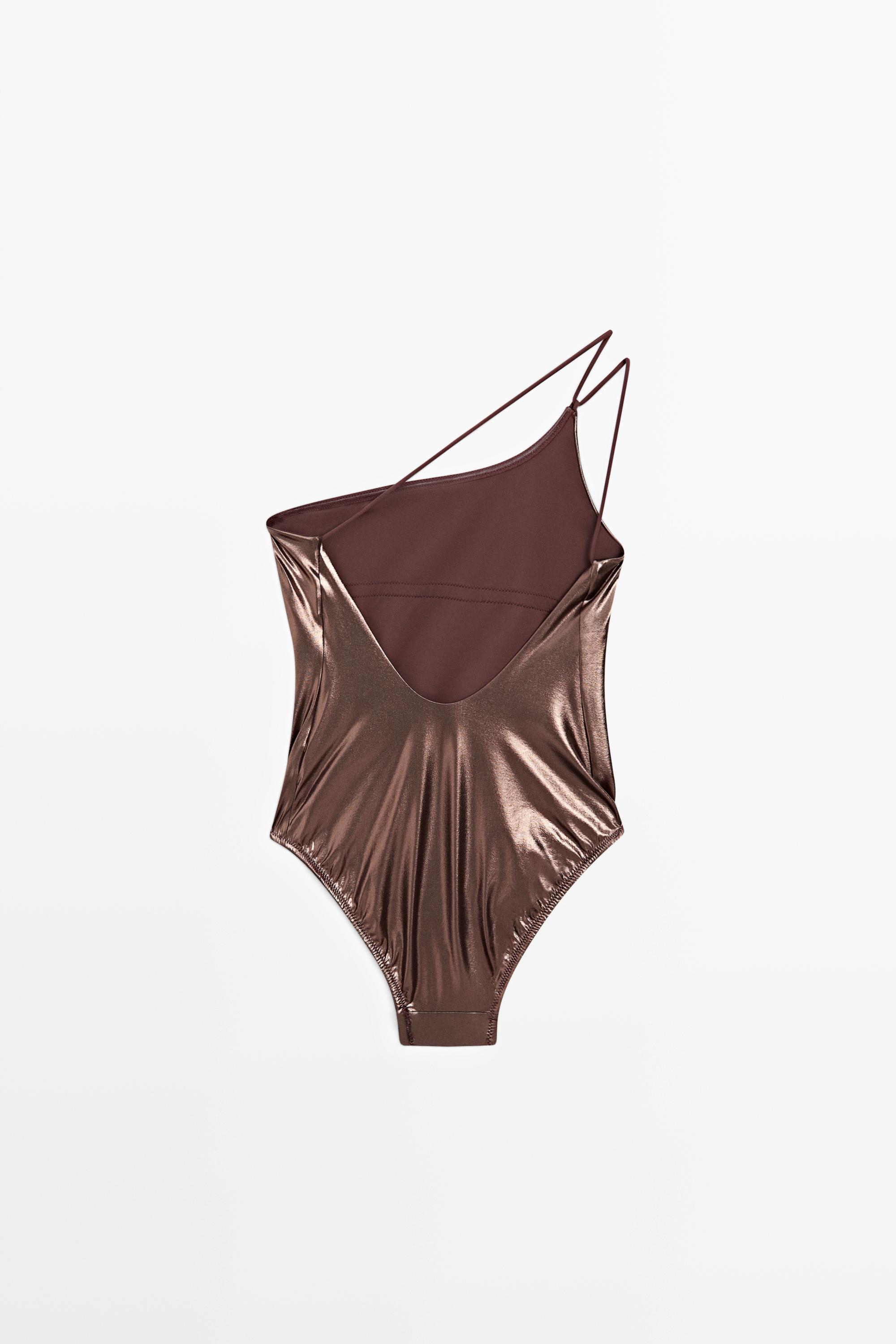 Swimsuit with asymmetric strap — BROWN