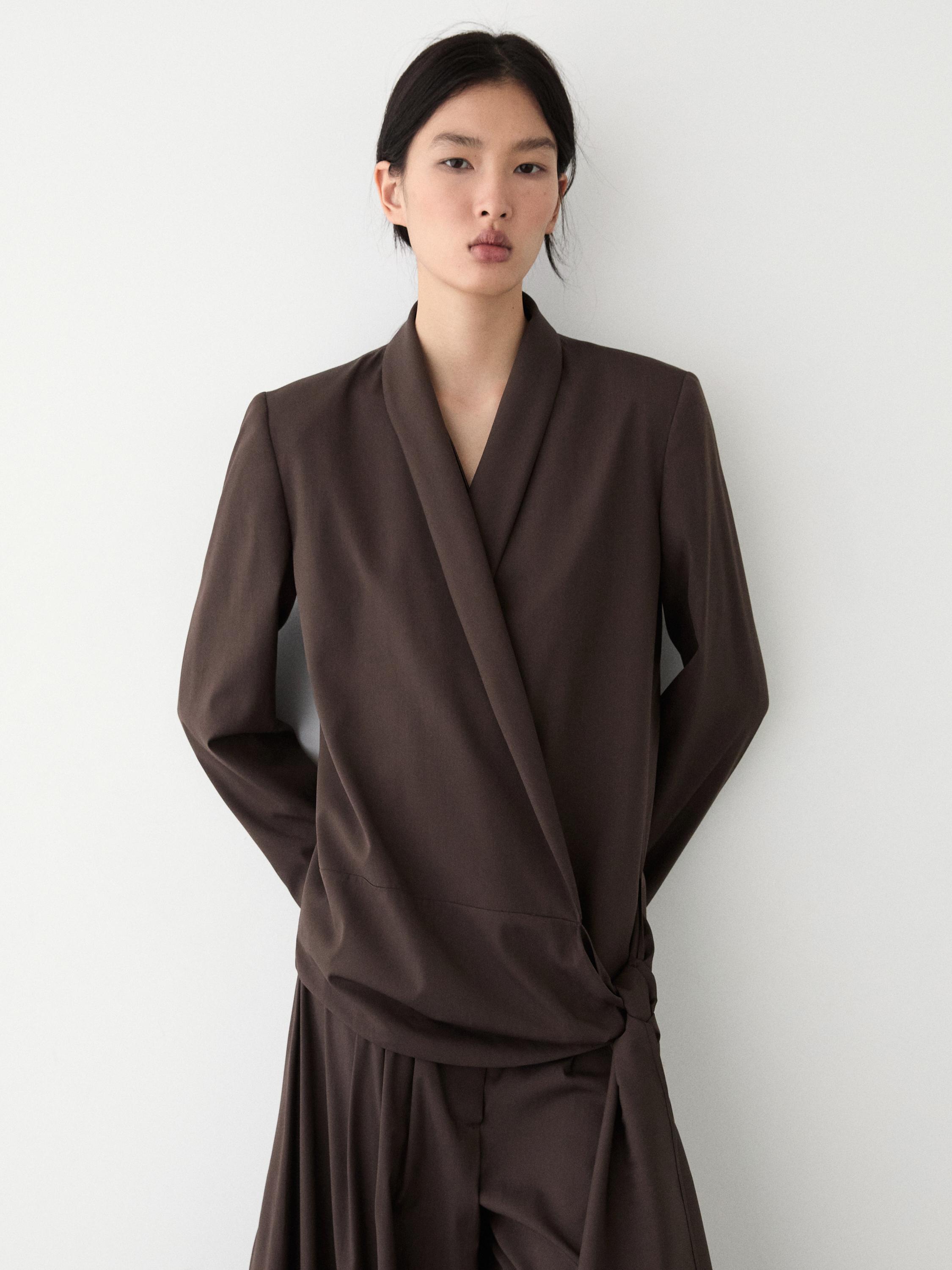 Wool blend blazer with tie detail — Chocolate